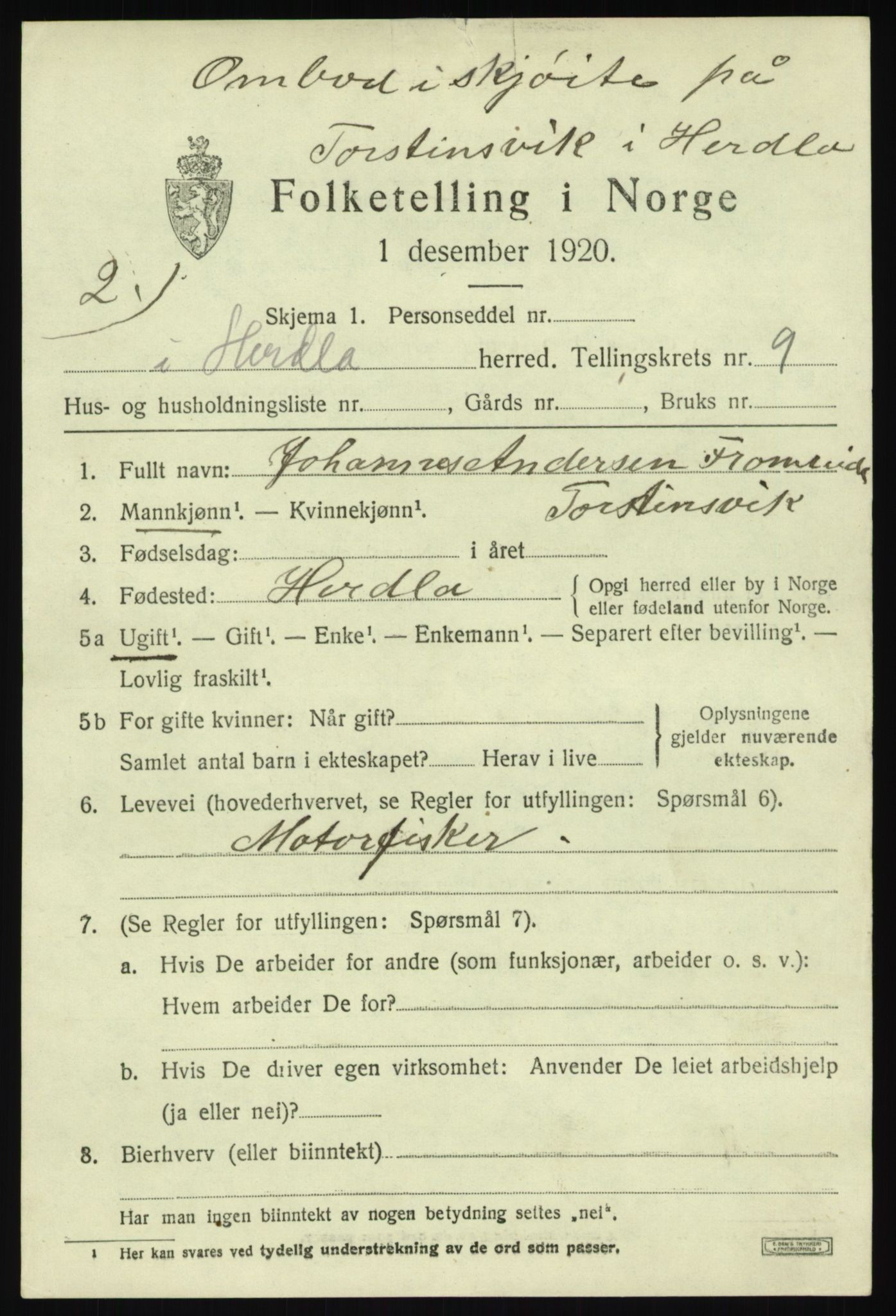 SAB, Folketelling 1920 for 1258 Herdla herred, 1920, s. 7185