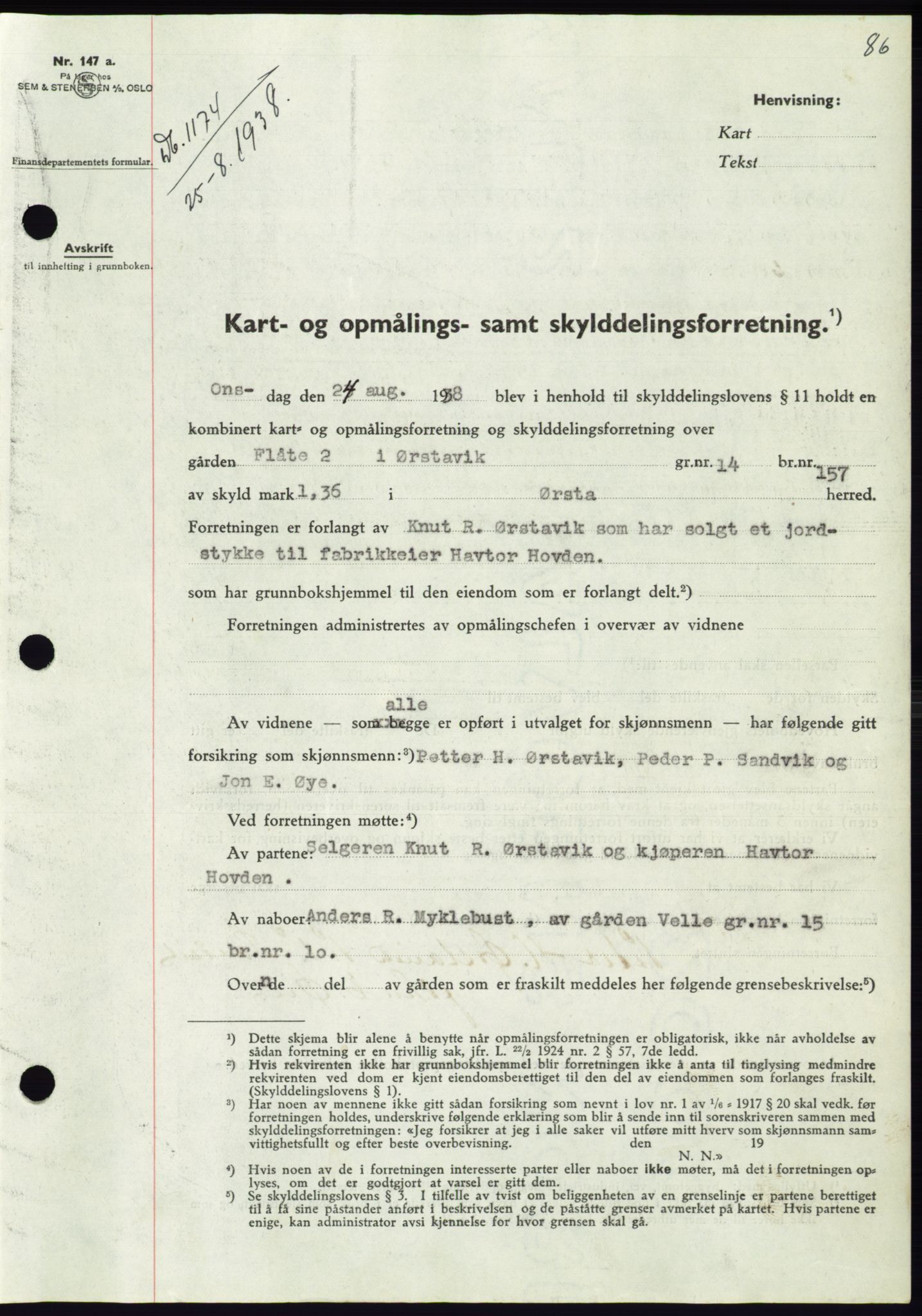 Søre Sunnmøre sorenskriveri, AV/SAT-A-4122/1/2/2C/L0066: Pantebok nr. 60, 1938-1938, Dagboknr: 1174/1938