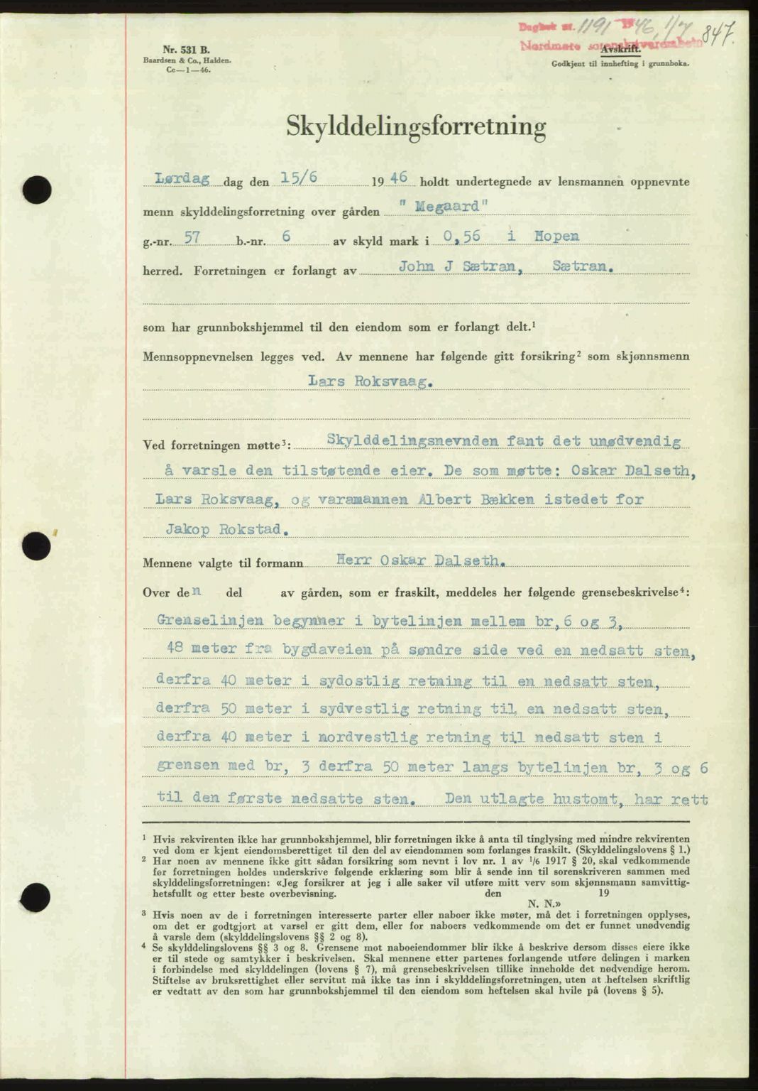 Nordmøre sorenskriveri, AV/SAT-A-4132/1/2/2Ca: Pantebok nr. A101, 1946-1946, Dagboknr: 1191/1946