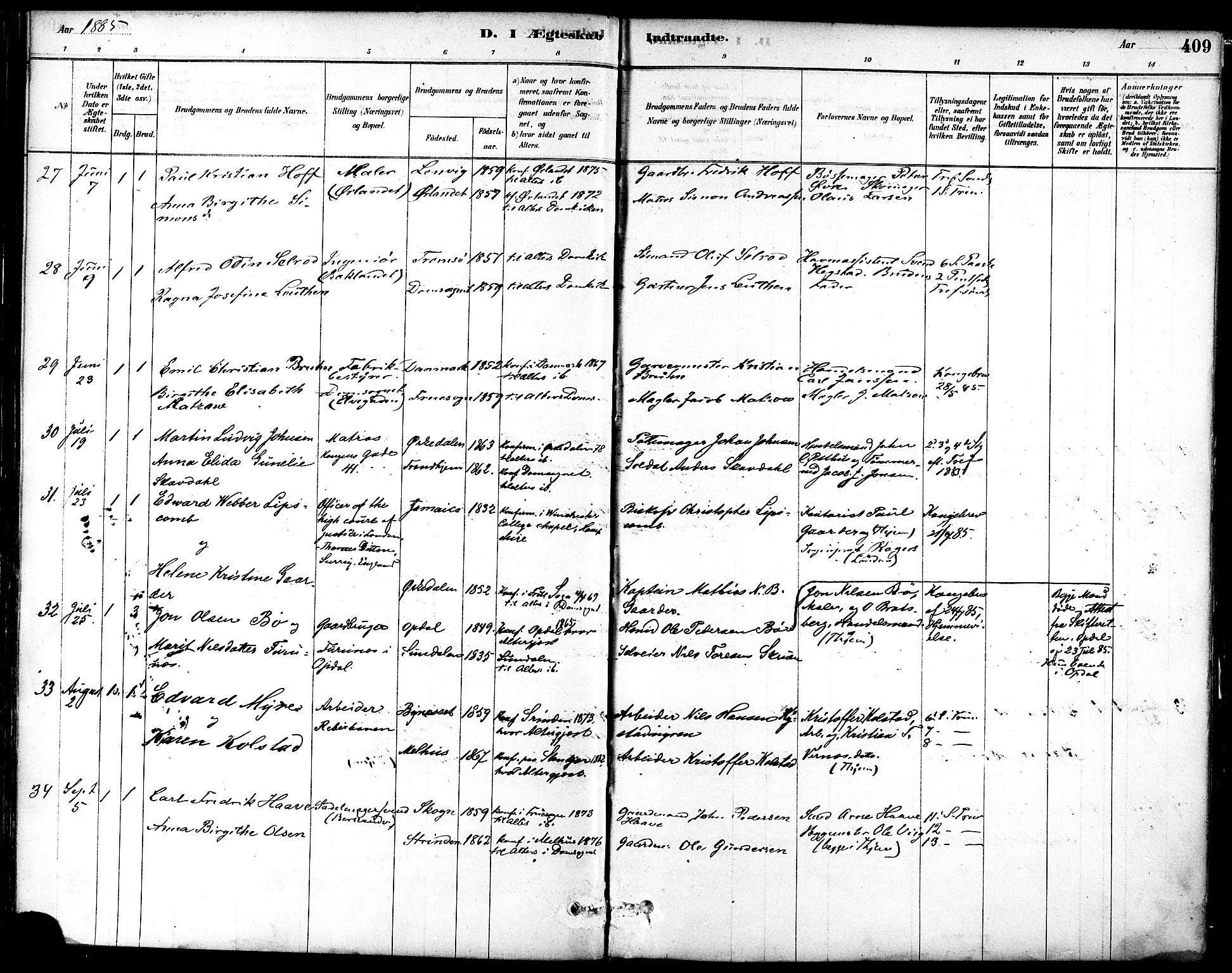 Ministerialprotokoller, klokkerbøker og fødselsregistre - Sør-Trøndelag, SAT/A-1456/601/L0058: Ministerialbok nr. 601A26, 1877-1891, s. 409