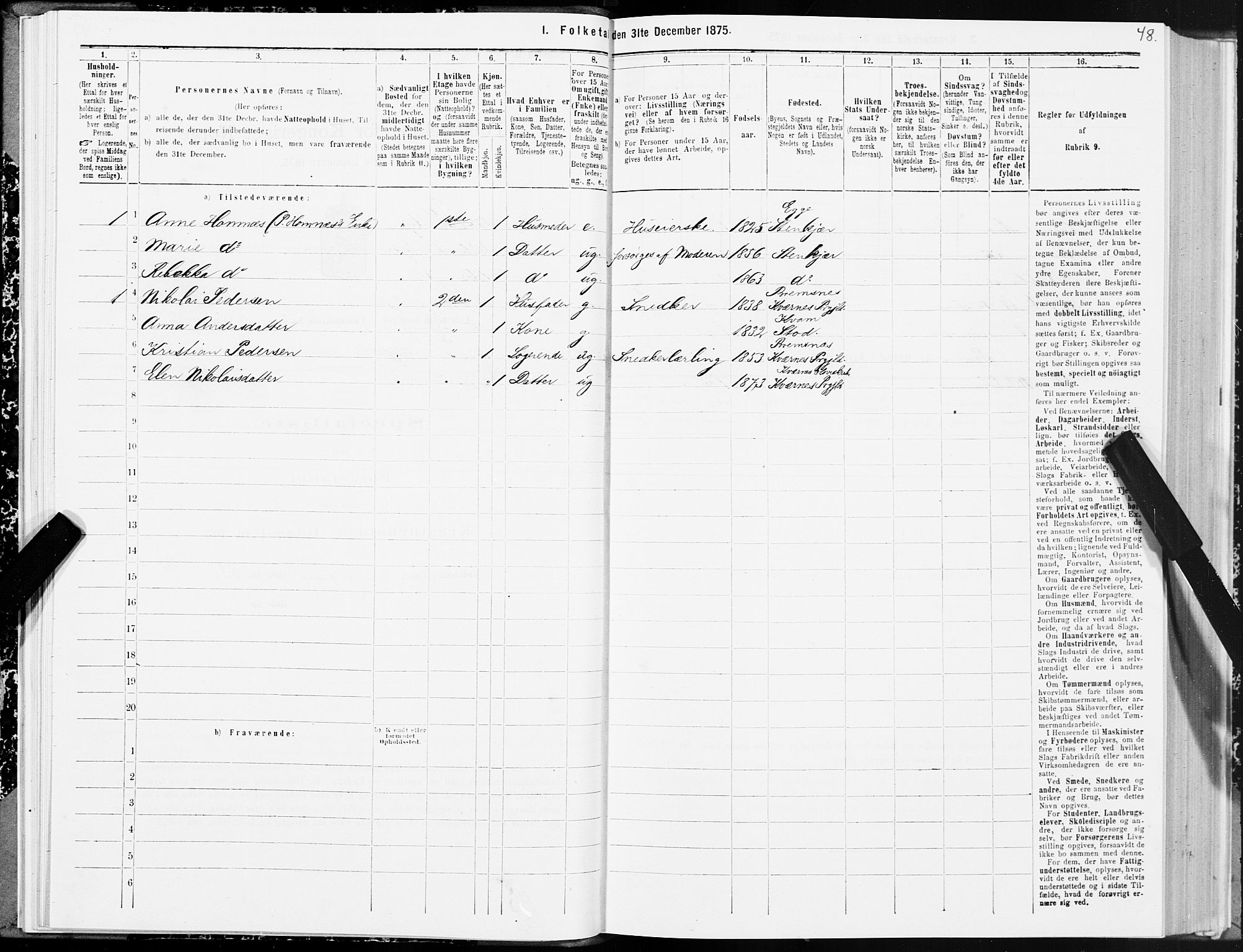 SAT, Folketelling 1875 for 1702B Steinkjer prestegjeld, Steinkjer ladested, 1875, s. 48