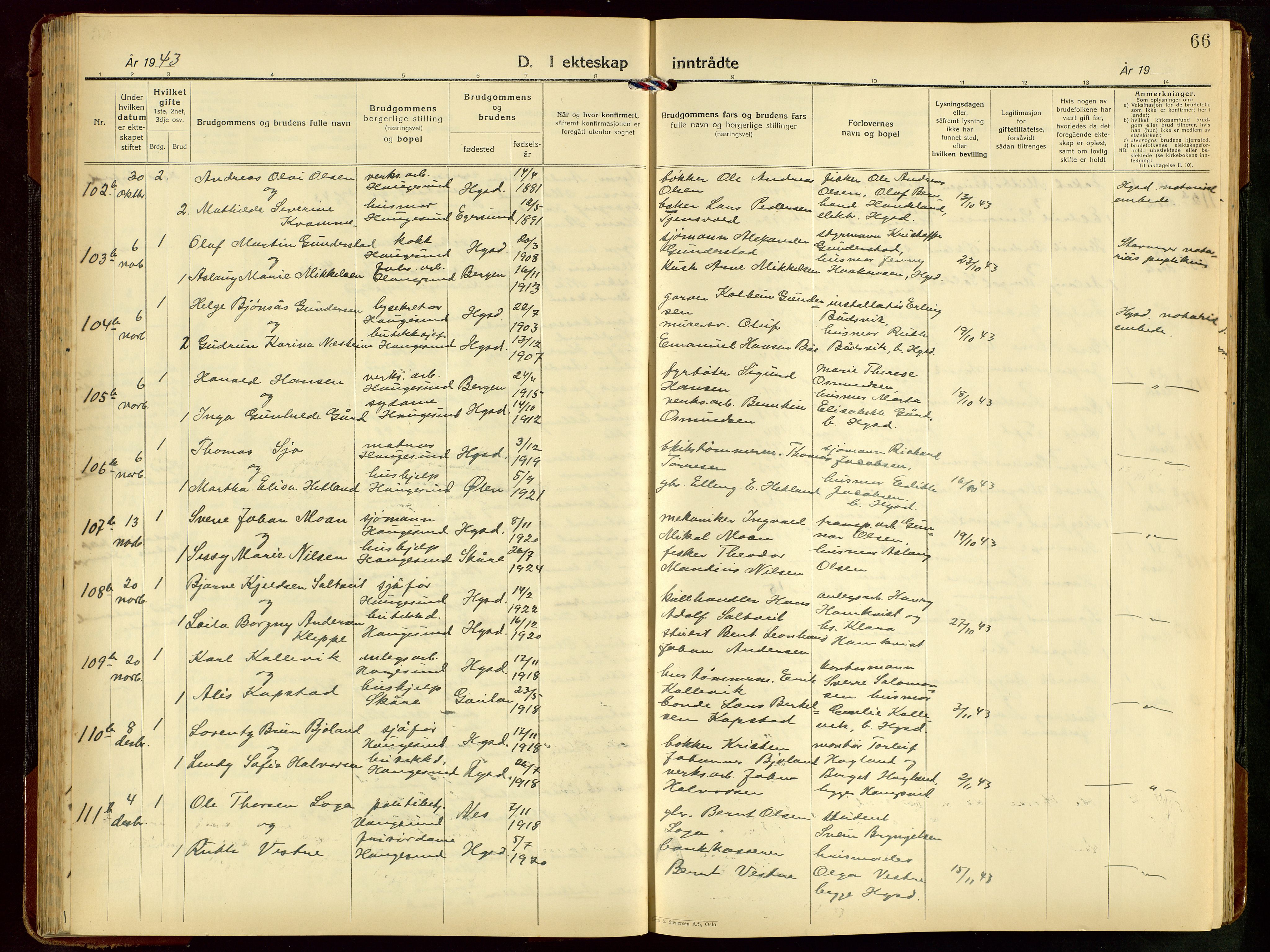 Haugesund sokneprestkontor, AV/SAST-A -101863/H/Ha/Hab/L0014: Klokkerbok nr. B 14, 1940-1952, s. 66