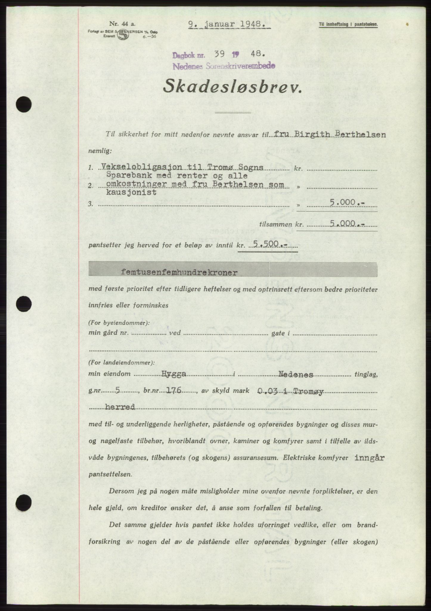 Nedenes sorenskriveri, AV/SAK-1221-0006/G/Gb/Gbb/L0005: Pantebok nr. B5, 1948-1948, Dagboknr: 39/1948