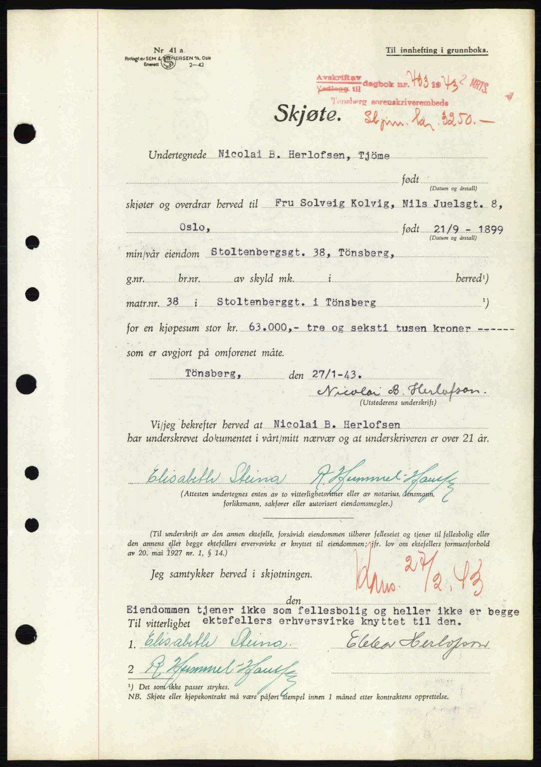 Tønsberg sorenskriveri, AV/SAKO-A-130/G/Ga/Gaa/L0012: Pantebok nr. A12, 1942-1943, Dagboknr: 433/1943