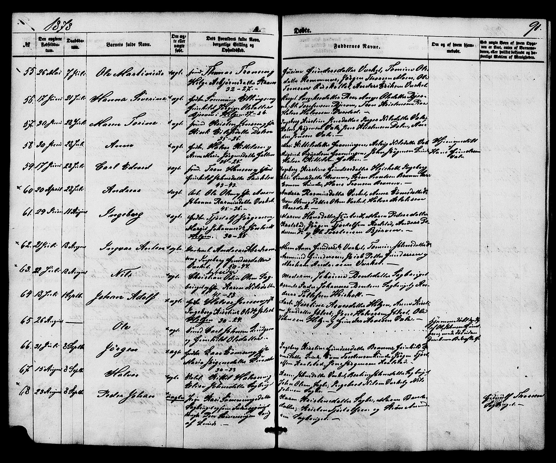 Holla kirkebøker, AV/SAKO-A-272/F/Fa/L0007: Ministerialbok nr. 7, 1869-1881, s. 91