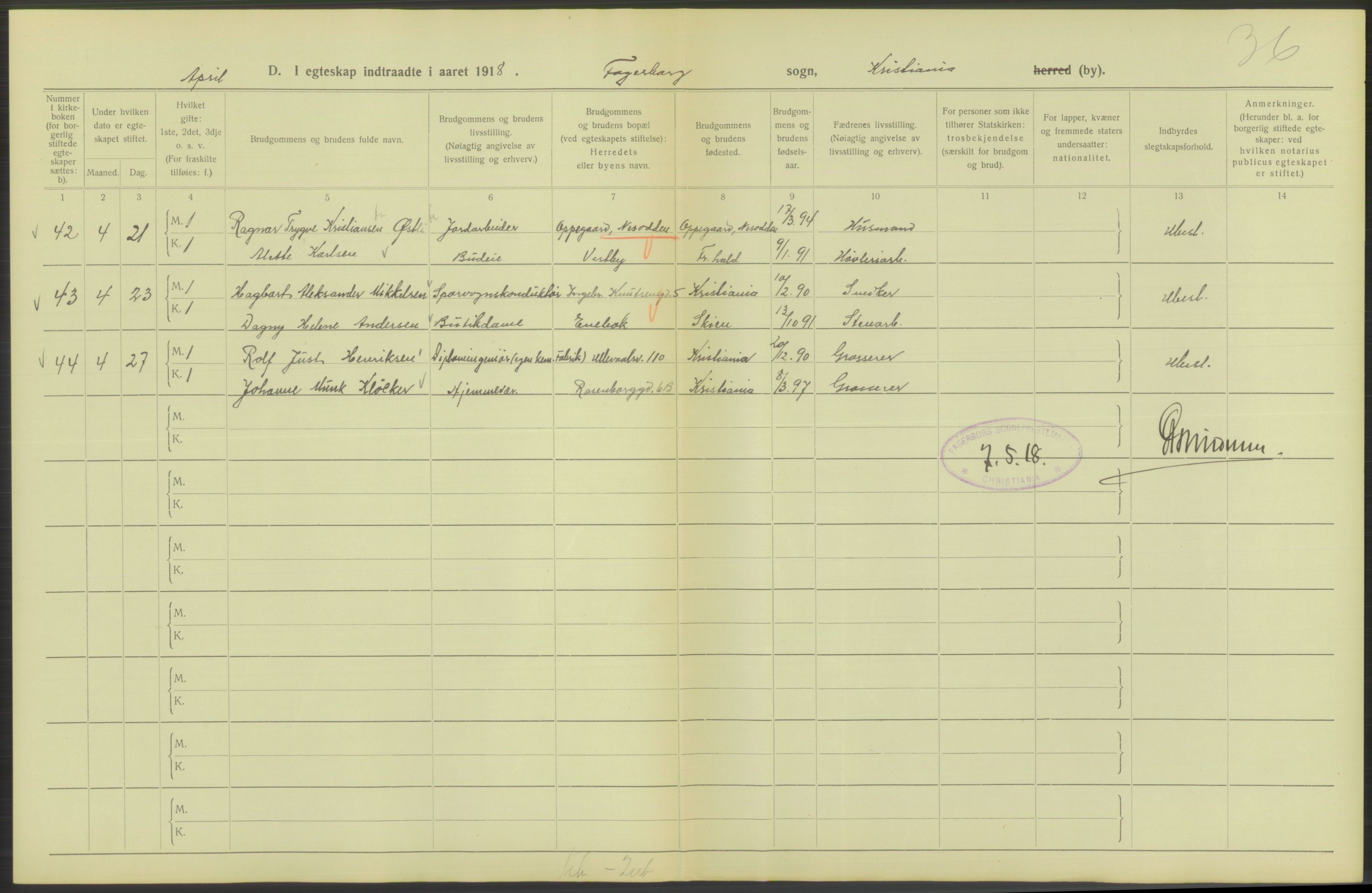 Statistisk sentralbyrå, Sosiodemografiske emner, Befolkning, AV/RA-S-2228/D/Df/Dfb/Dfbh/L0009: Kristiania: Gifte, 1918, s. 588