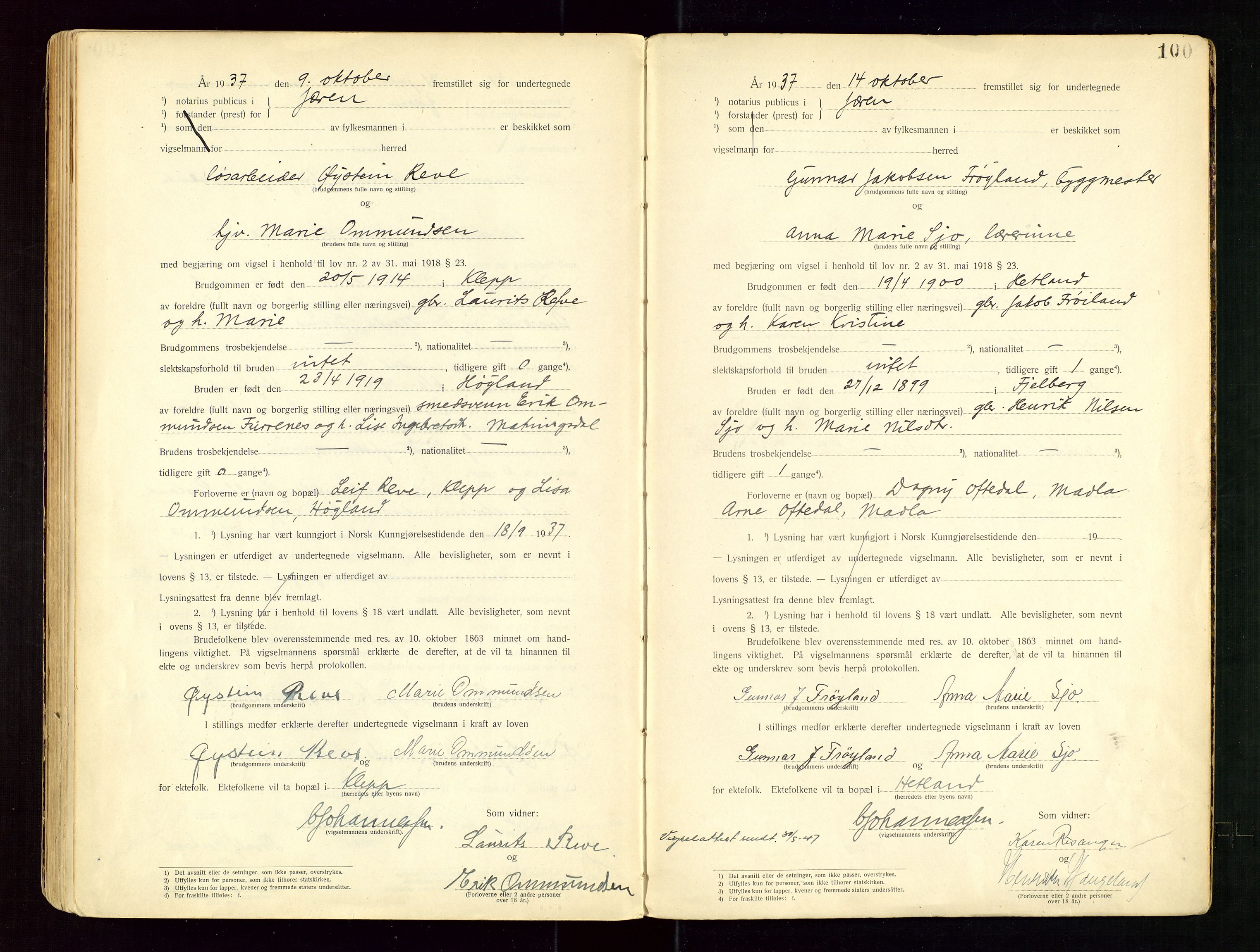 Jæren sorenskriveri, AV/SAST-A-100310/01/6/62/62BA/L0001: VIGSELSPROTOKOLL, 1920-1937, s. 100