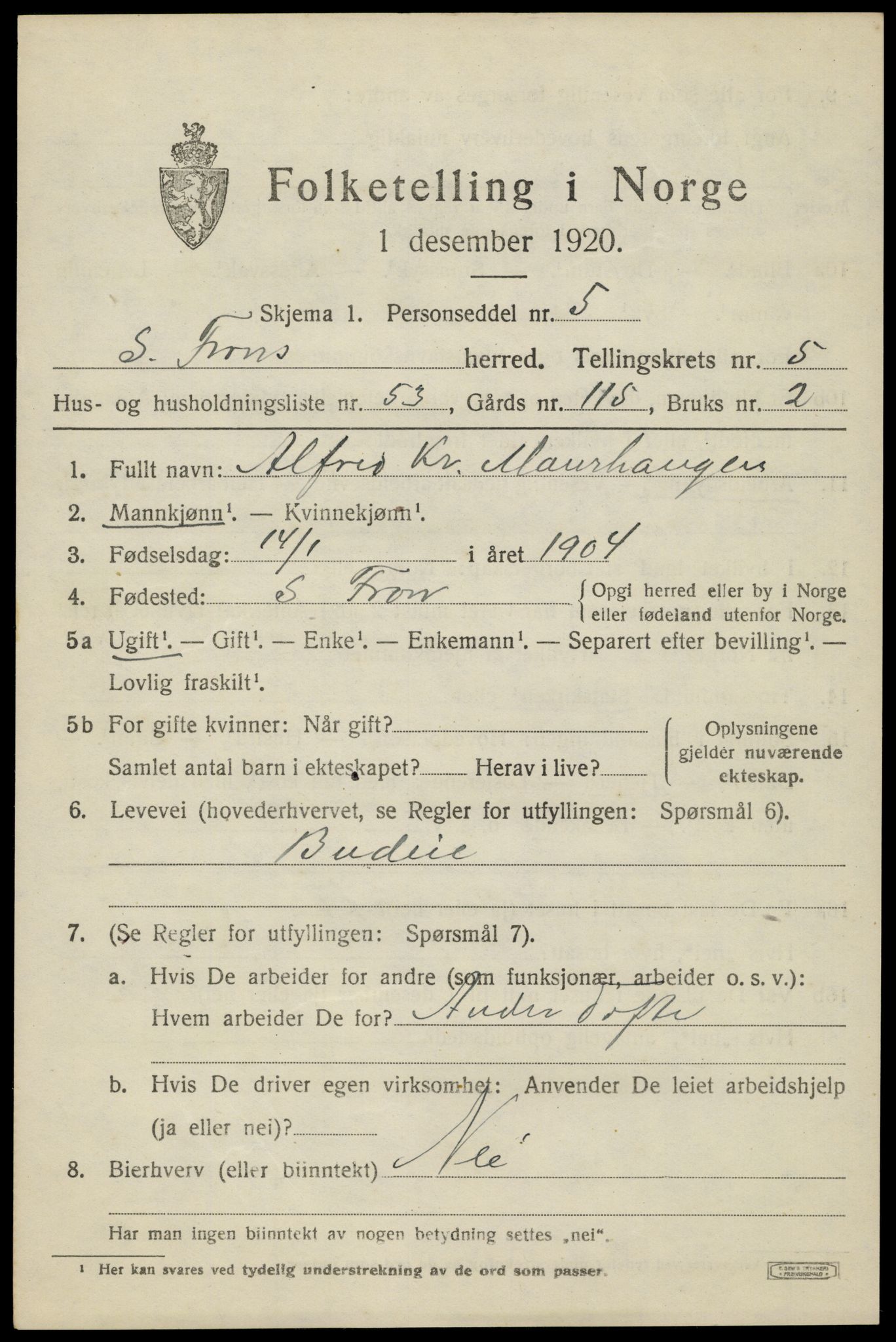 SAH, Folketelling 1920 for 0519 Sør-Fron herred, 1920, s. 6011