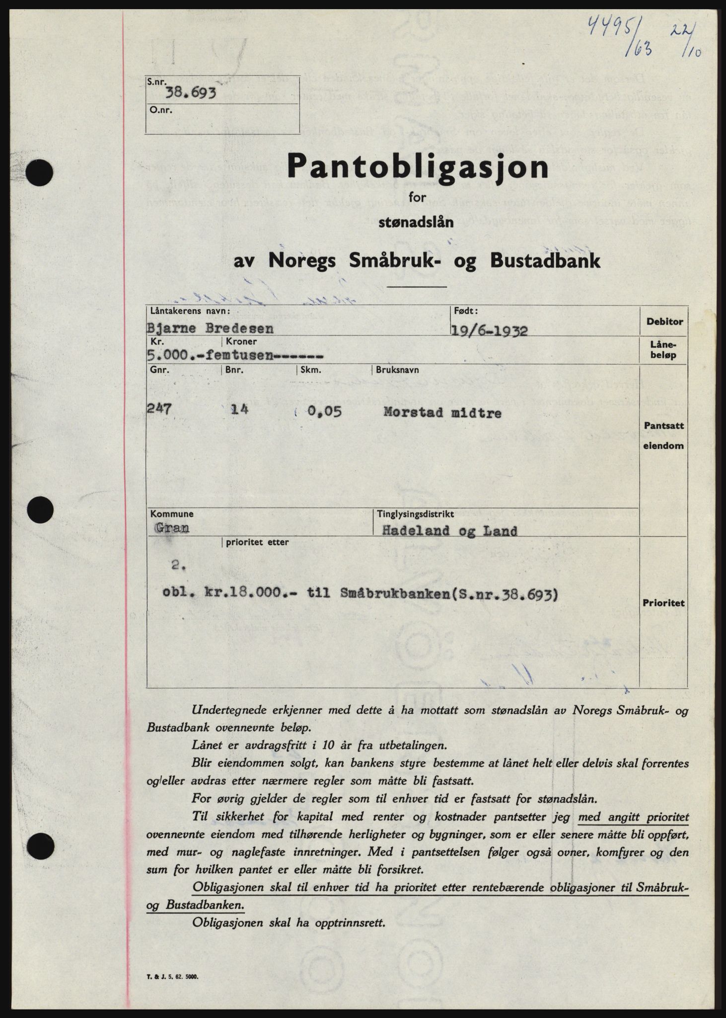 Hadeland og Land tingrett, SAH/TING-010/H/Hb/Hbc/L0053: Pantebok nr. B53, 1963-1964, Dagboknr: 4495/1963