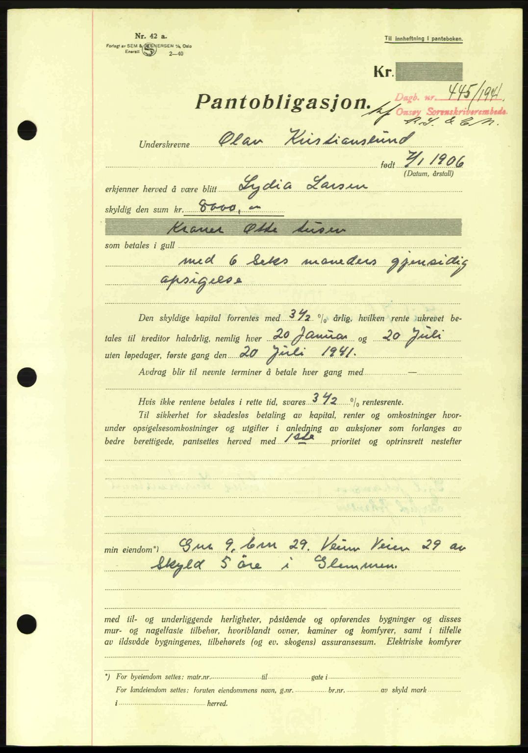 Onsøy sorenskriveri, SAO/A-10474/G/Ga/Gac/L0003: Pantebok nr. B3, 1940-1944, Dagboknr: 445/1941
