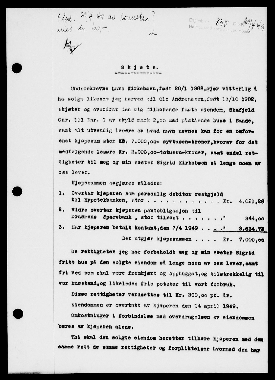 Holmestrand sorenskriveri, SAKO/A-67/G/Ga/Gaa/L0066: Pantebok nr. A-66, 1949-1949, Dagboknr: 835/1949