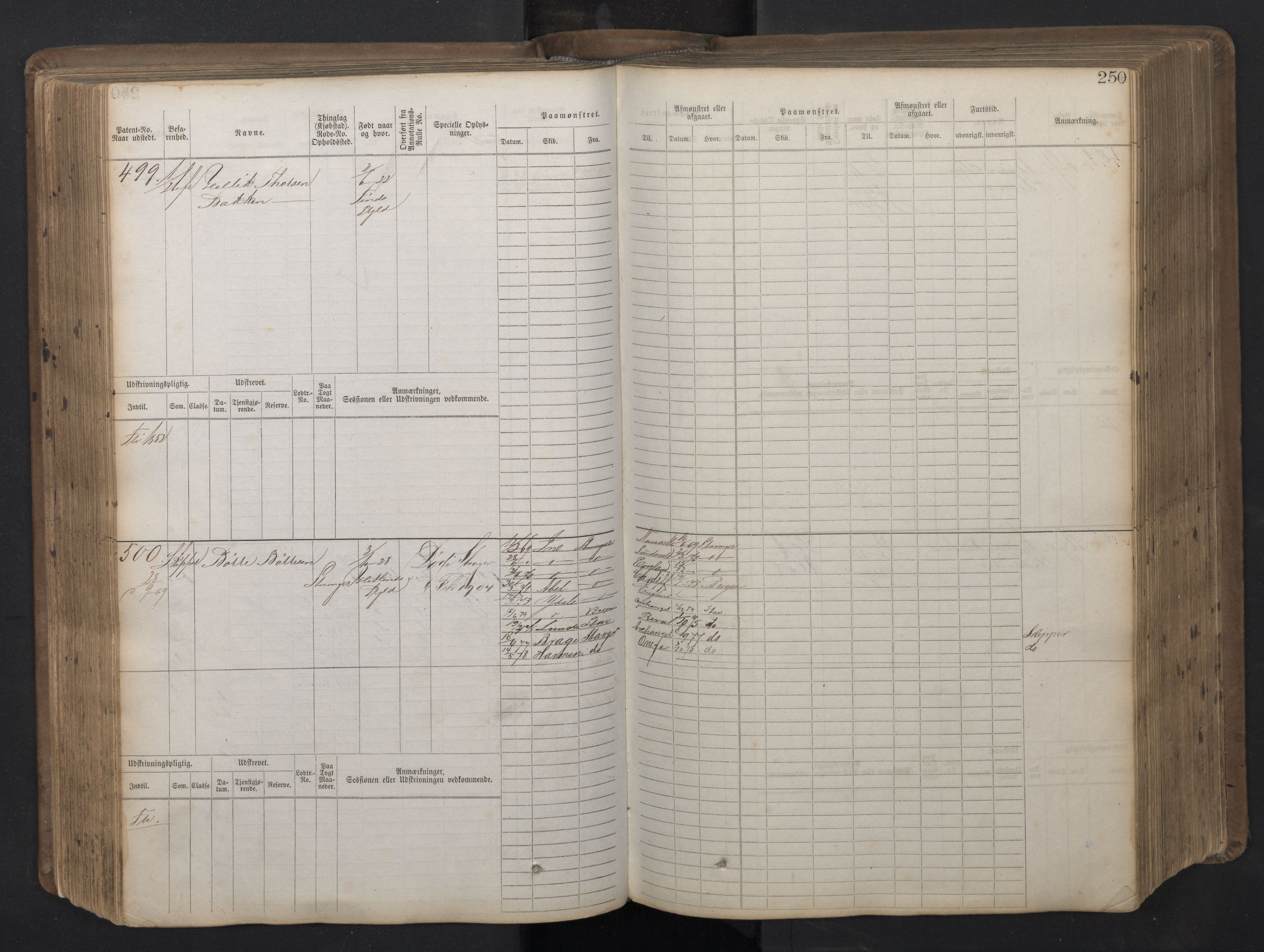 Stavanger sjømannskontor, AV/SAST-A-102006/F/Fb/Fbb/L0016: Sjøfartshovedrulle patnentnr. 1-1202 (dublett), 1869, s. 250