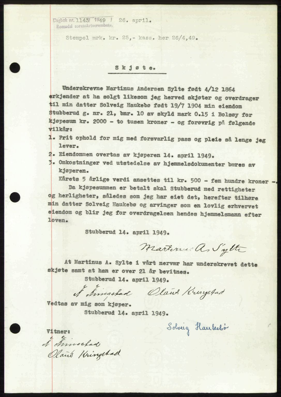 Romsdal sorenskriveri, SAT/A-4149/1/2/2C: Pantebok nr. A29, 1949-1949, Dagboknr: 1143/1949