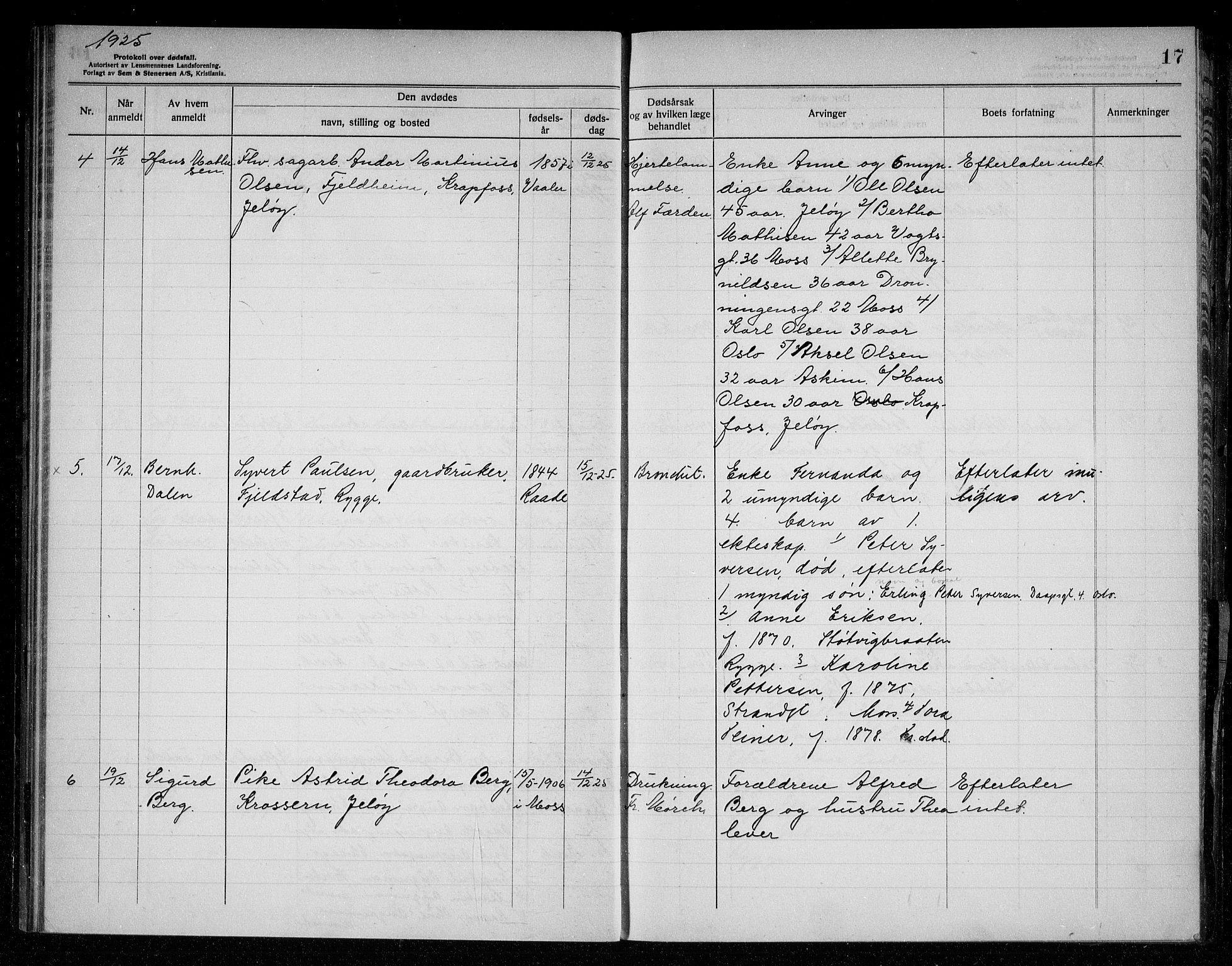 Rygge lensmannskontor, AV/SAO-A-10005/H/Ha/Haa/L0008: Dødsfallsprotokoll, 1925-1929, s. 17