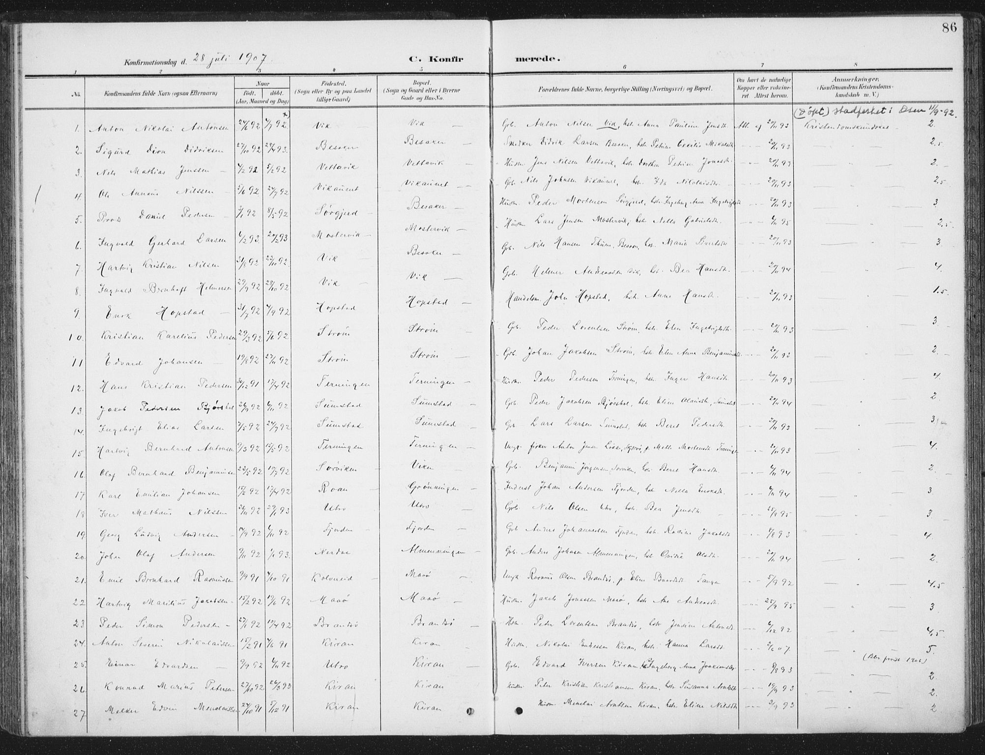 Ministerialprotokoller, klokkerbøker og fødselsregistre - Sør-Trøndelag, AV/SAT-A-1456/657/L0709: Ministerialbok nr. 657A10, 1905-1919, s. 86