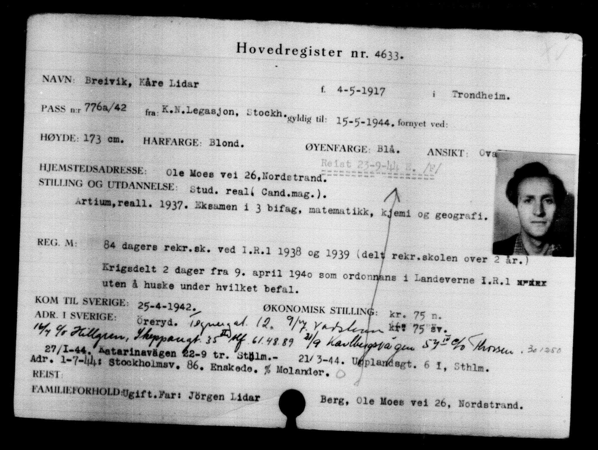 Utenriksstasjonene, Legasjonen i Stockholm, Flyktningkontoret, AV/RA-S-6753/V/Va/L0004: Kjesäterkartoteket, flyktninger med registreringsnr. 3496-6610, 1940-1945, s. 1348