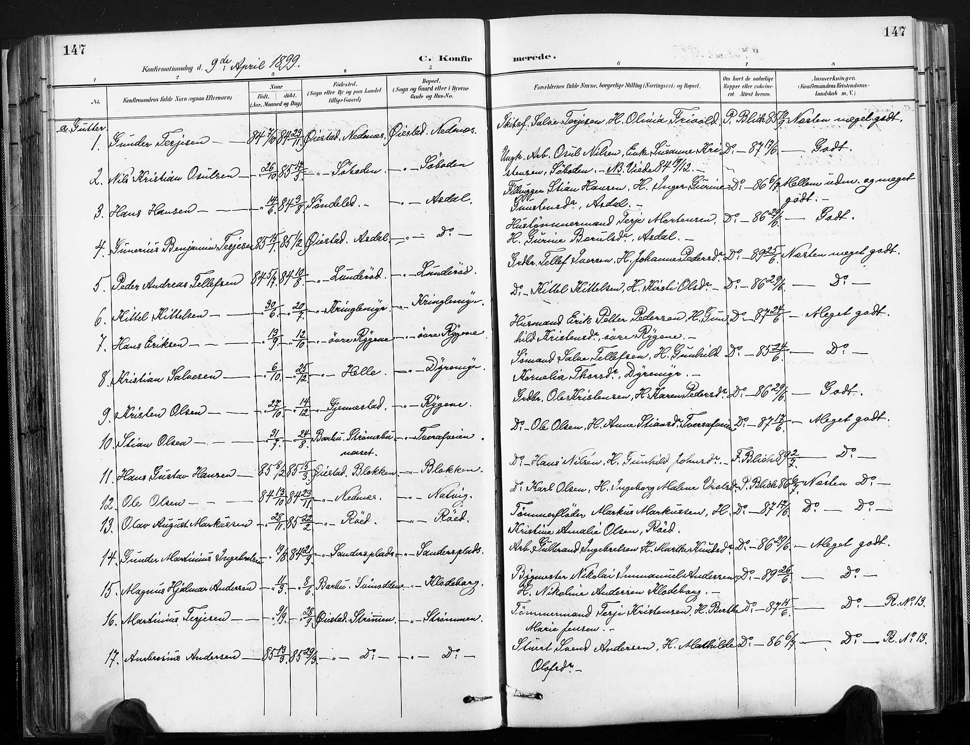 Øyestad sokneprestkontor, AV/SAK-1111-0049/F/Fa/L0018: Ministerialbok nr. A 18, 1897-1907, s. 147
