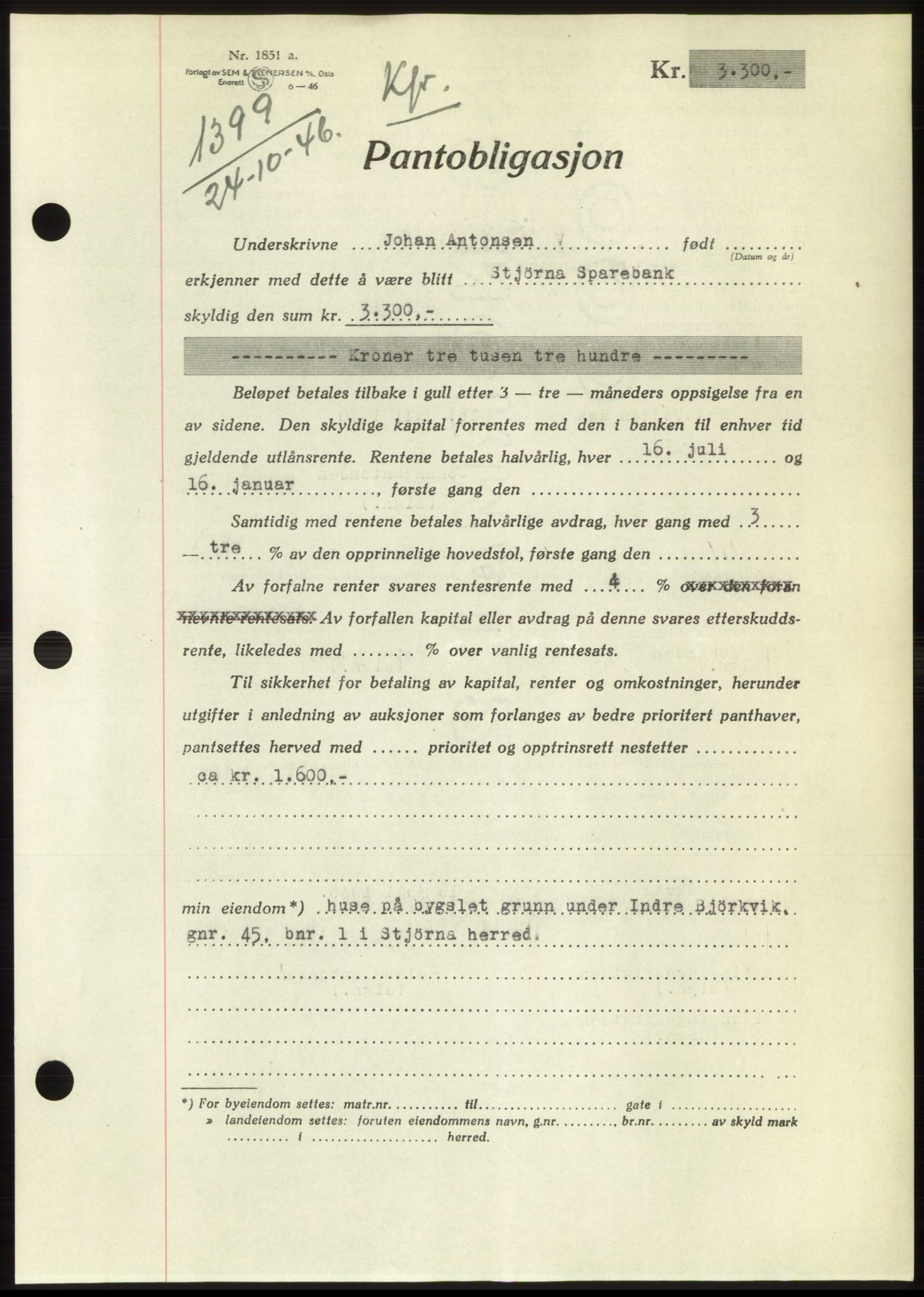 Fosen sorenskriveri, AV/SAT-A-1107/1/2/2C: Pantebok nr. B, 1946-1948, Dagboknr: 1399/1946