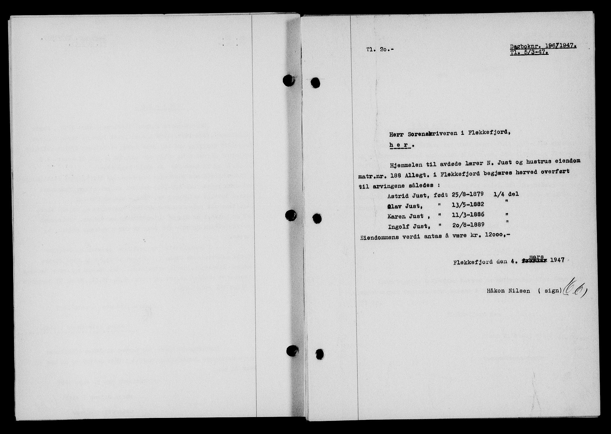 Flekkefjord sorenskriveri, SAK/1221-0001/G/Gb/Gba/L0061: Pantebok nr. A-9, 1946-1947, Dagboknr: 196/1947