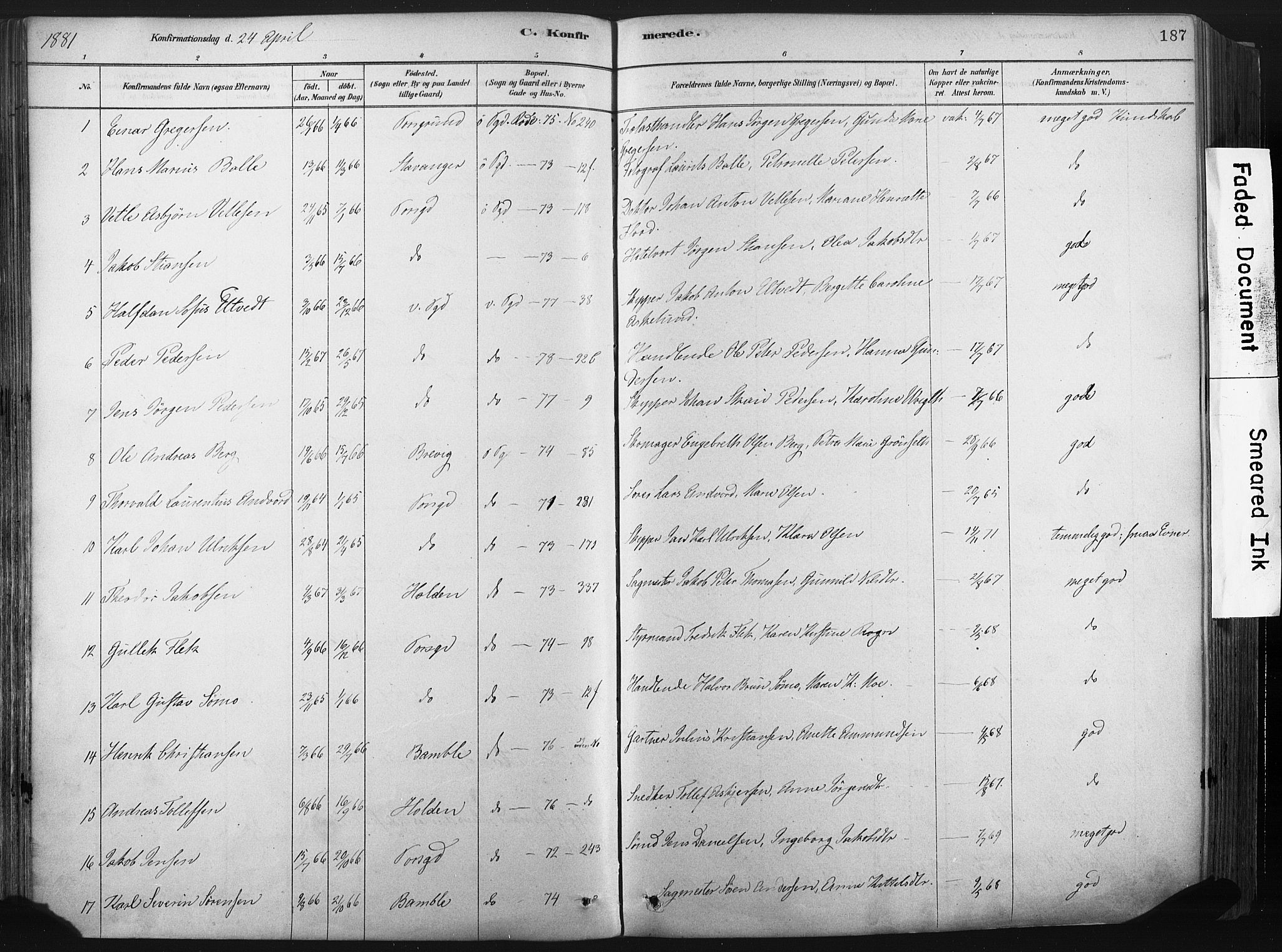 Porsgrunn kirkebøker , AV/SAKO-A-104/F/Fa/L0008: Ministerialbok nr. 8, 1878-1895, s. 187