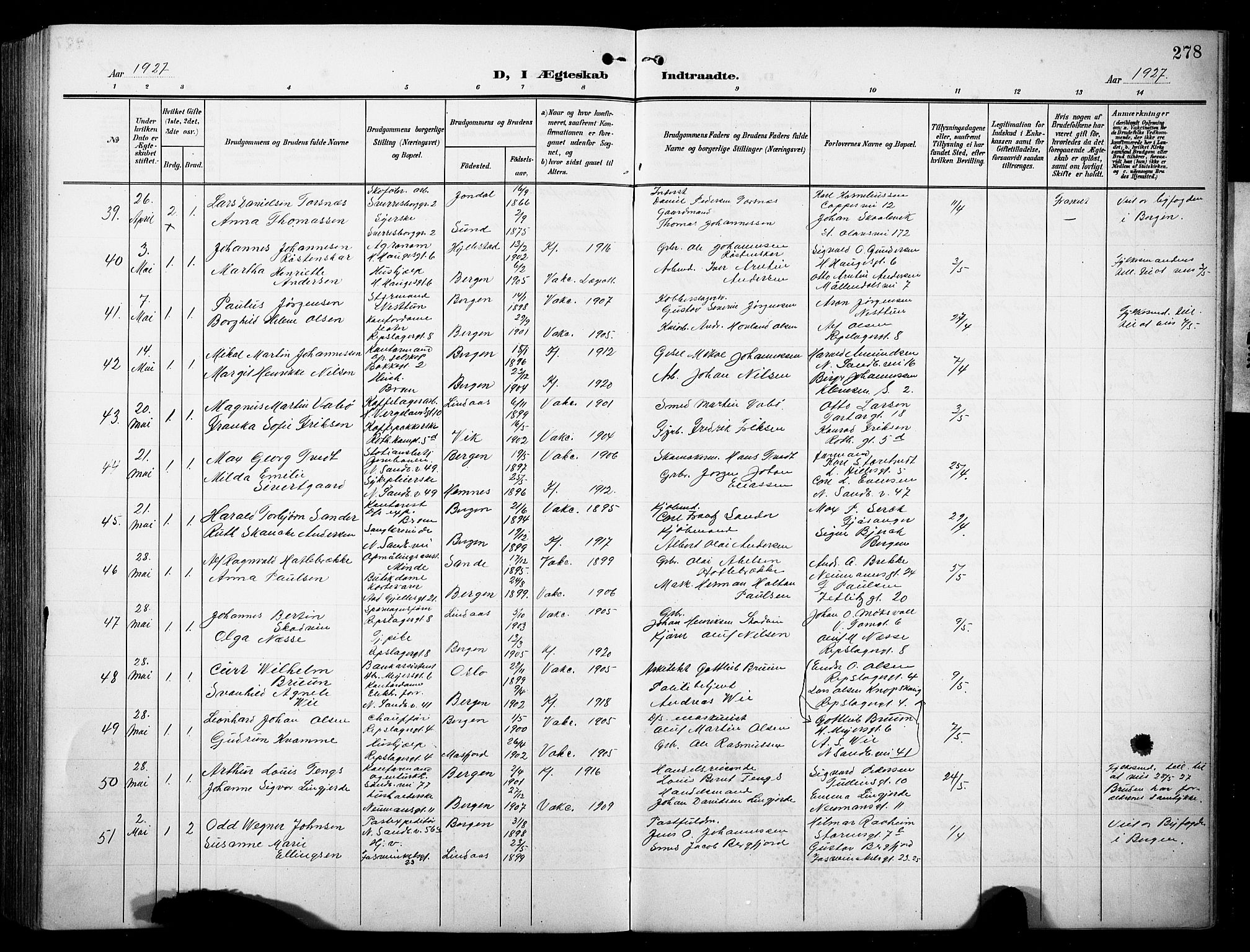 Sandviken Sokneprestembete, AV/SAB-A-77601/H/Hb/L0014: Klokkerbok nr. D 1, 1902-1929, s. 278