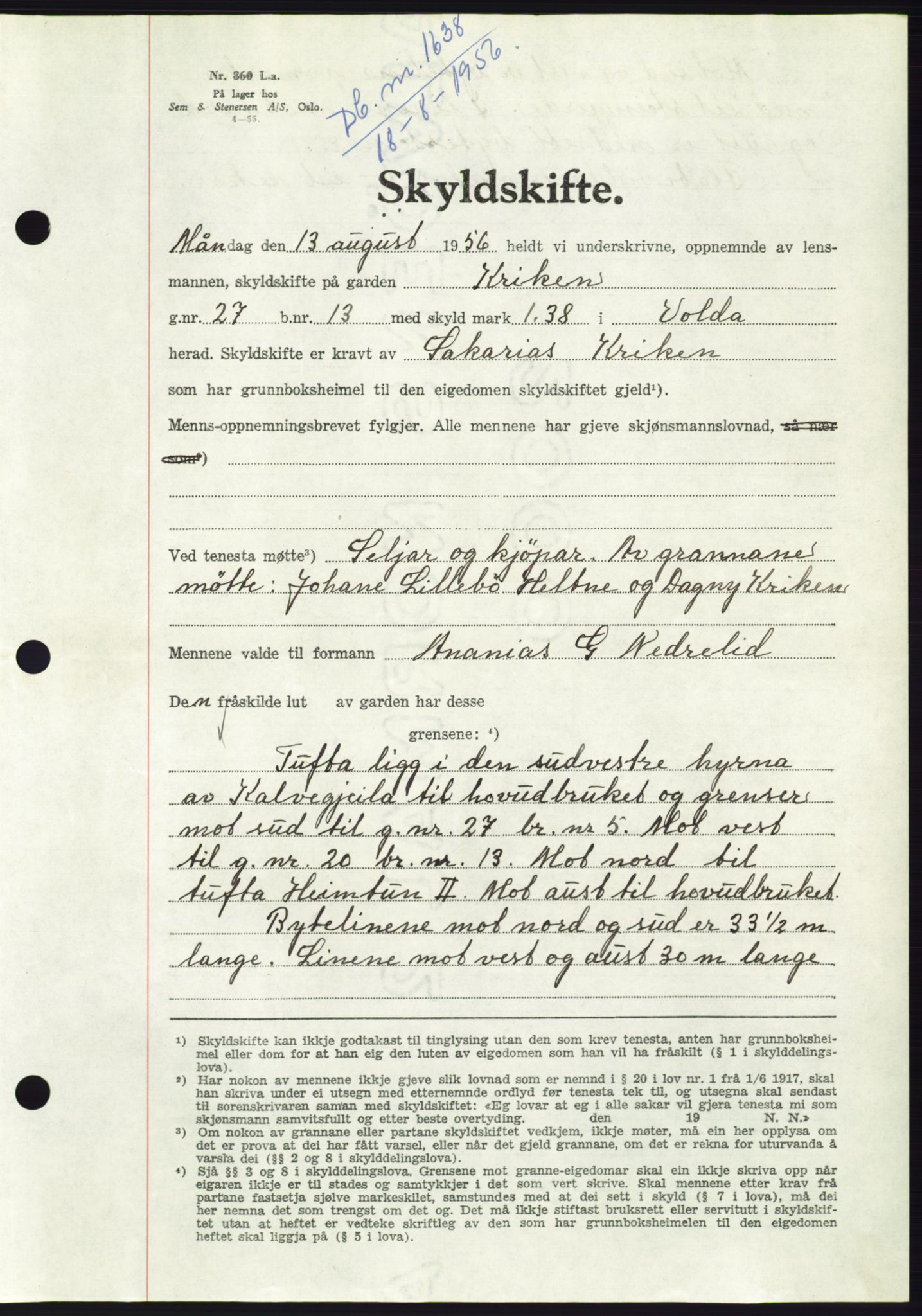 Søre Sunnmøre sorenskriveri, AV/SAT-A-4122/1/2/2C/L0104: Pantebok nr. 30A, 1956-1956, Dagboknr: 1638/1956