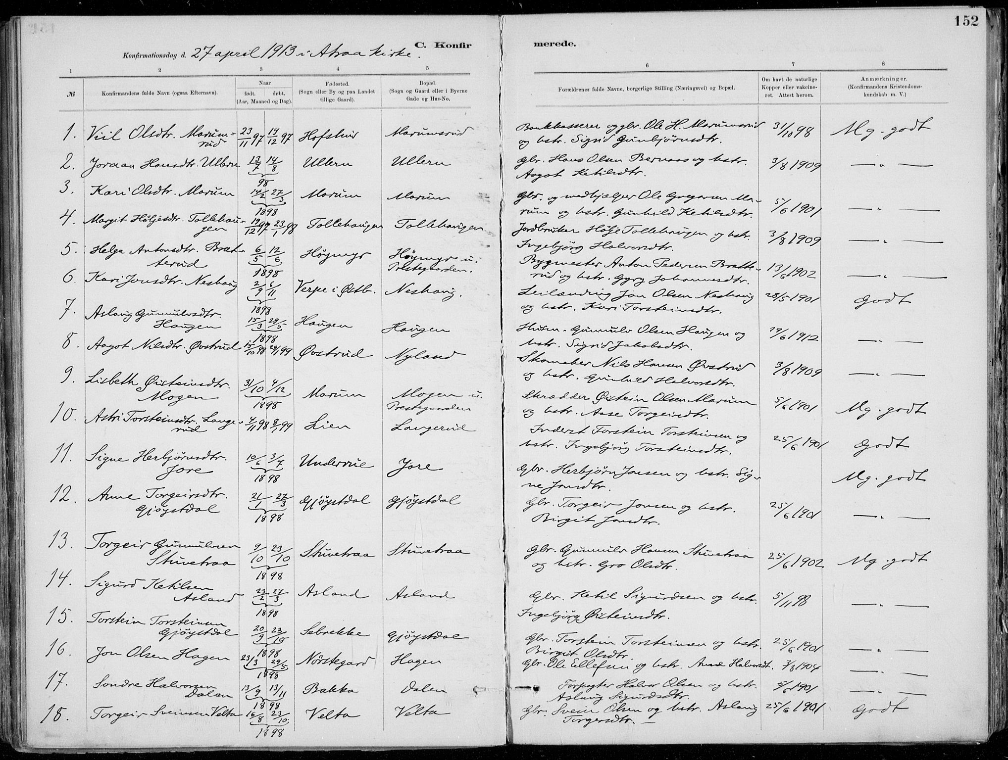 Tinn kirkebøker, AV/SAKO-A-308/F/Fa/L0007: Ministerialbok nr. I 7, 1878-1922, s. 152