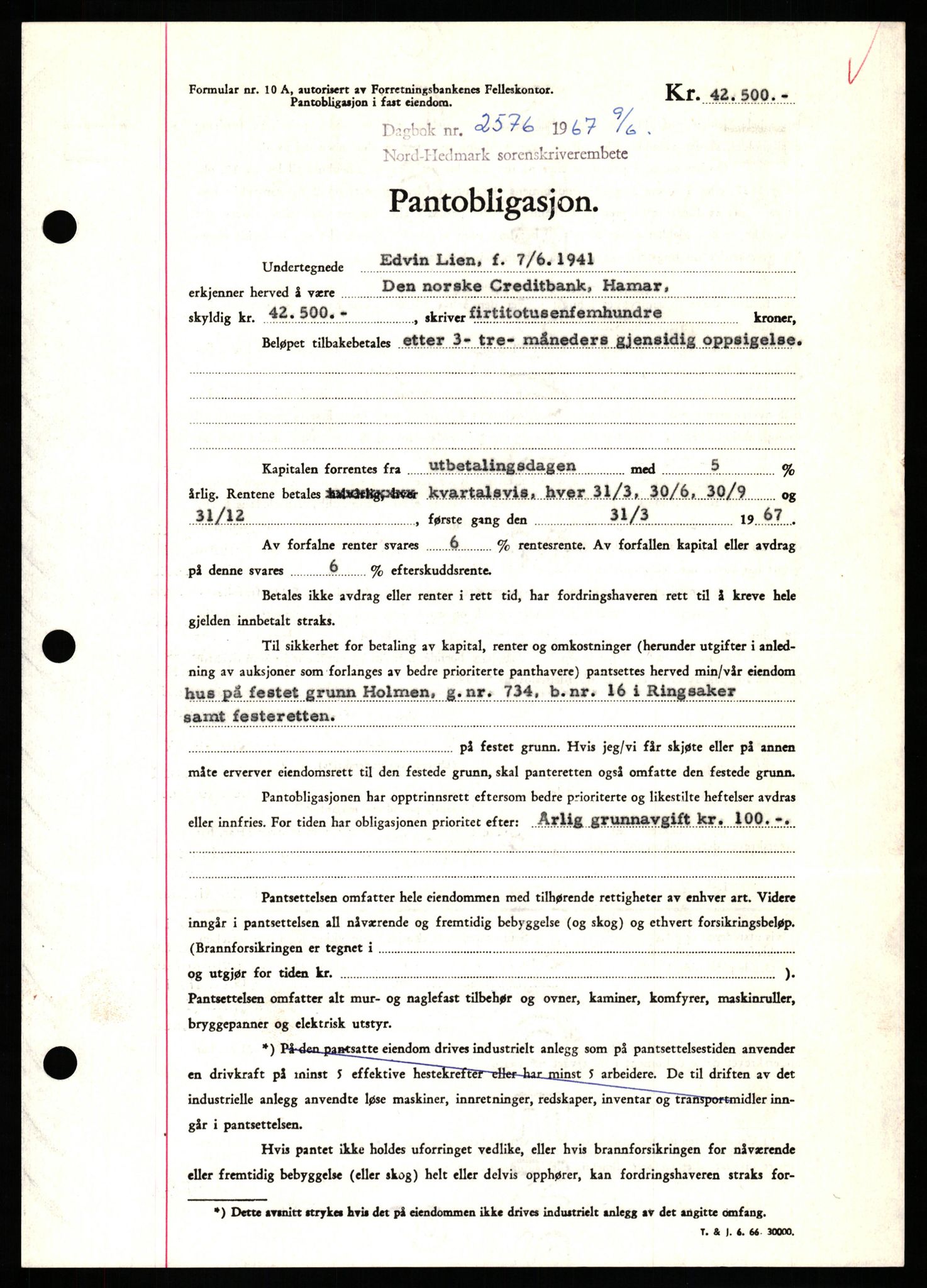 Nord-Hedmark sorenskriveri, SAH/TING-012/H/Hb/Hbf/L0071: Pantebok nr. B71, 1967-1967, Dagboknr: 2576/1967