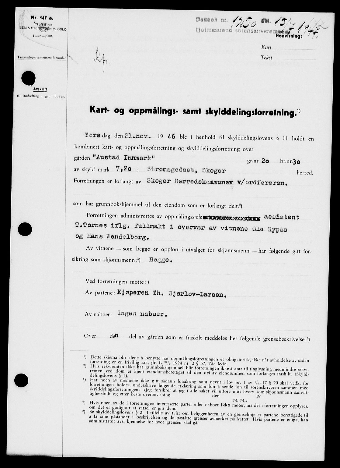 Holmestrand sorenskriveri, SAKO/A-67/G/Ga/Gaa/L0062: Pantebok nr. A-62, 1947-1947, Dagboknr: 1250/1947