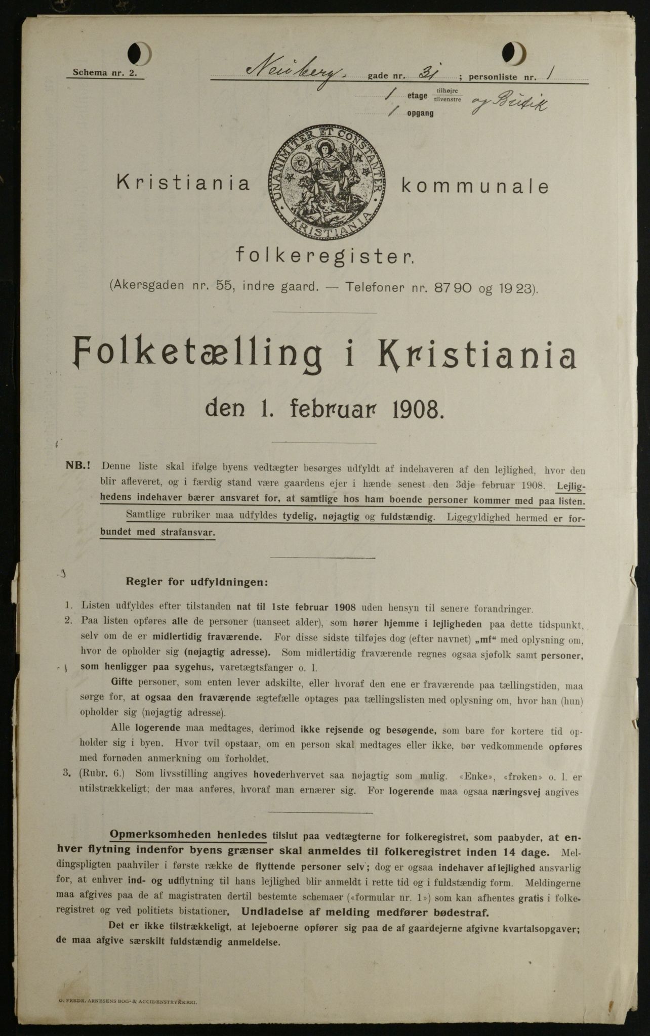 OBA, Kommunal folketelling 1.2.1908 for Kristiania kjøpstad, 1908, s. 62865