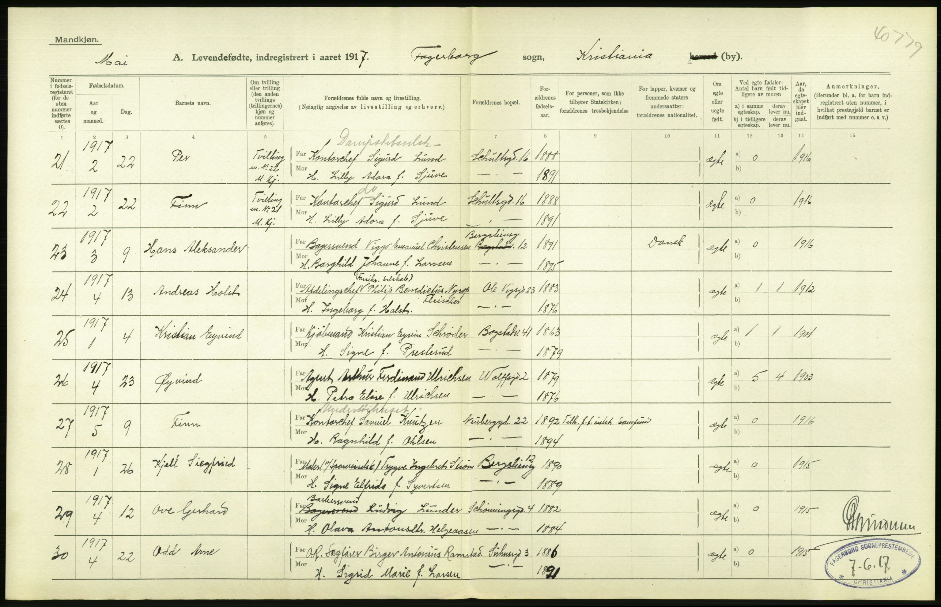 Statistisk sentralbyrå, Sosiodemografiske emner, Befolkning, AV/RA-S-2228/D/Df/Dfb/Dfbg/L0006: Kristiania: Levendefødte menn og kvinner., 1917, s. 74