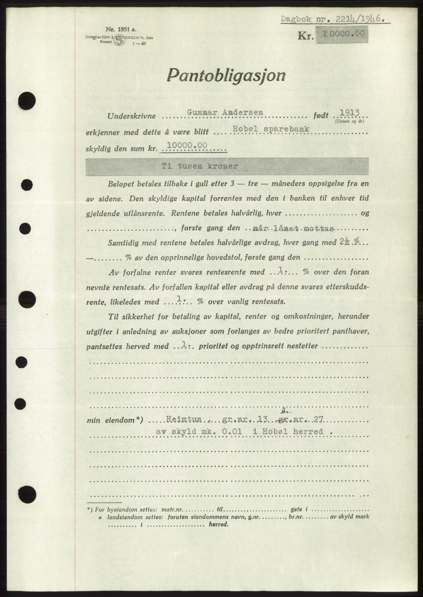 Moss sorenskriveri, SAO/A-10168: Pantebok nr. B15, 1946-1946, Dagboknr: 2214/1946
