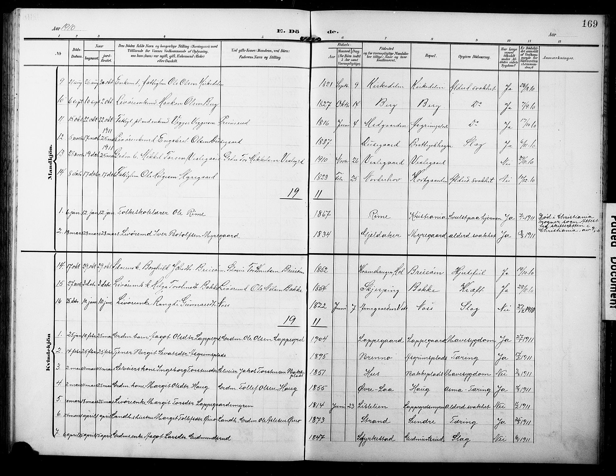 Ål kirkebøker, AV/SAKO-A-249/G/Ga/L0002: Klokkerbok nr. 2, 1904-1928, s. 169