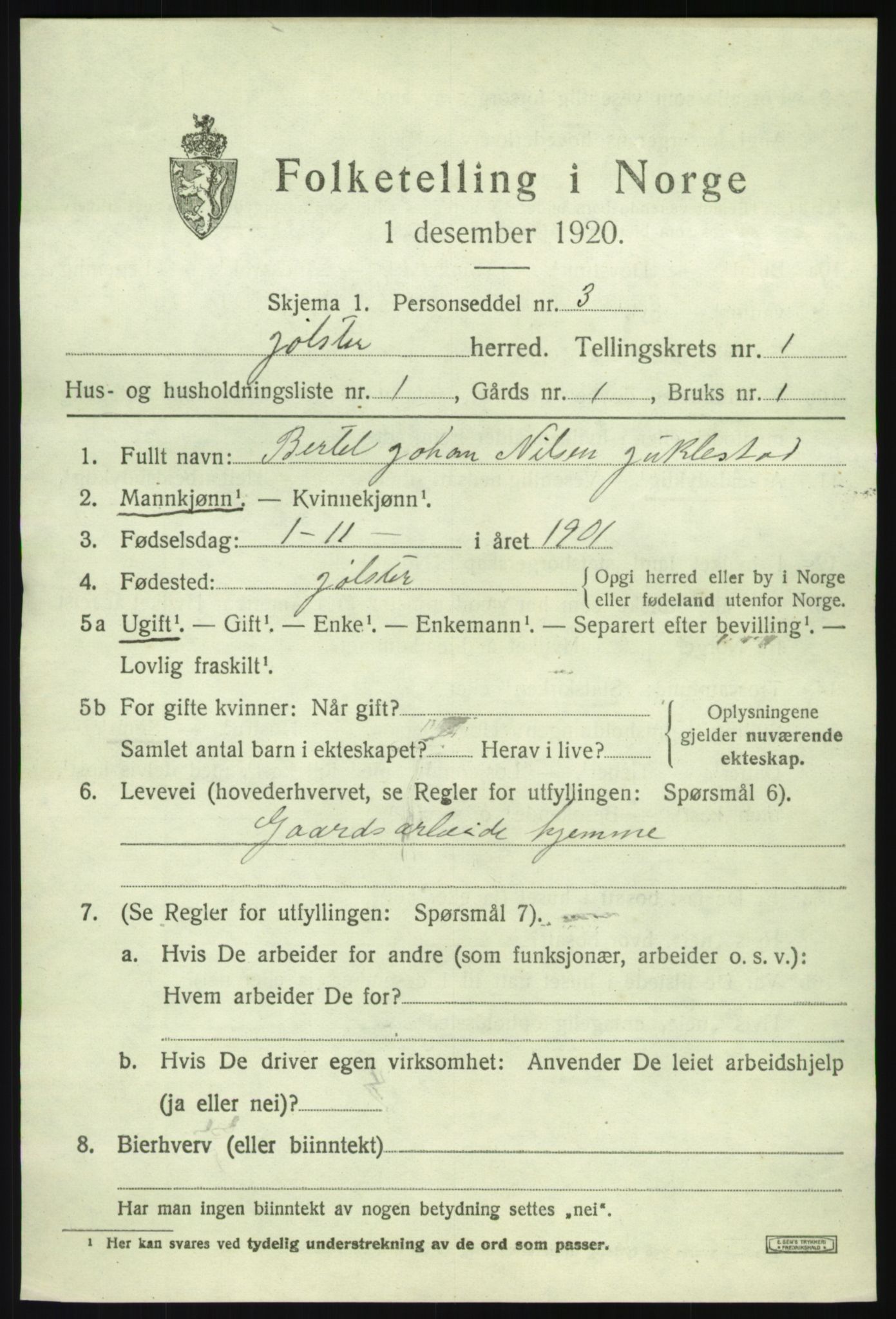 SAB, Folketelling 1920 for 1431 Jølster herred, 1920, s. 998