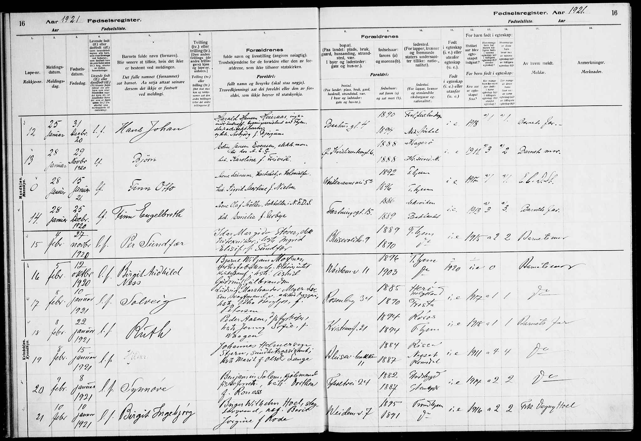 Ministerialprotokoller, klokkerbøker og fødselsregistre - Sør-Trøndelag, AV/SAT-A-1456/604/L0233: Fødselsregister nr. 604.II.4.2, 1920-1928, s. 16