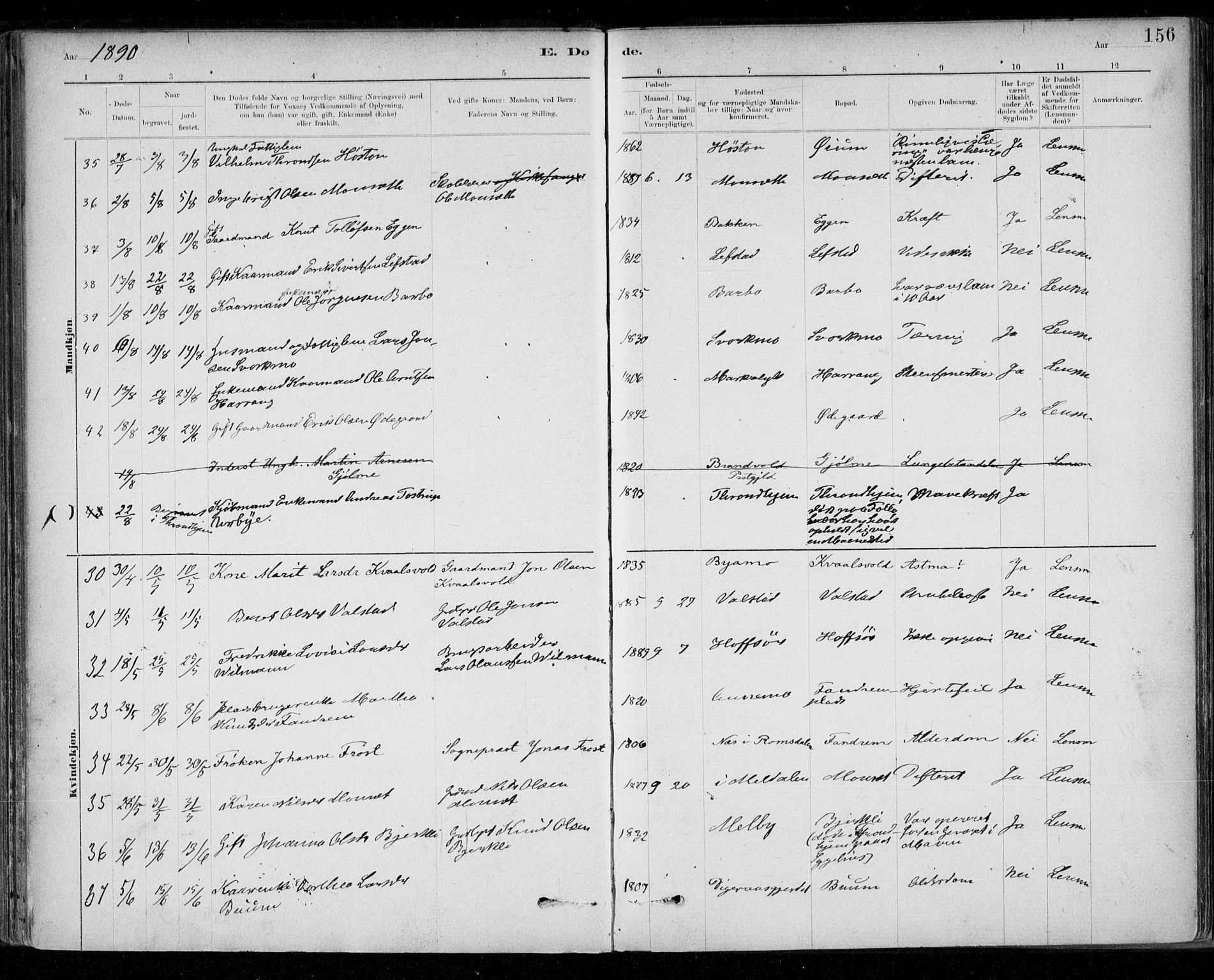 Ministerialprotokoller, klokkerbøker og fødselsregistre - Sør-Trøndelag, SAT/A-1456/668/L0810: Ministerialbok nr. 668A10, 1881-1894, s. 156