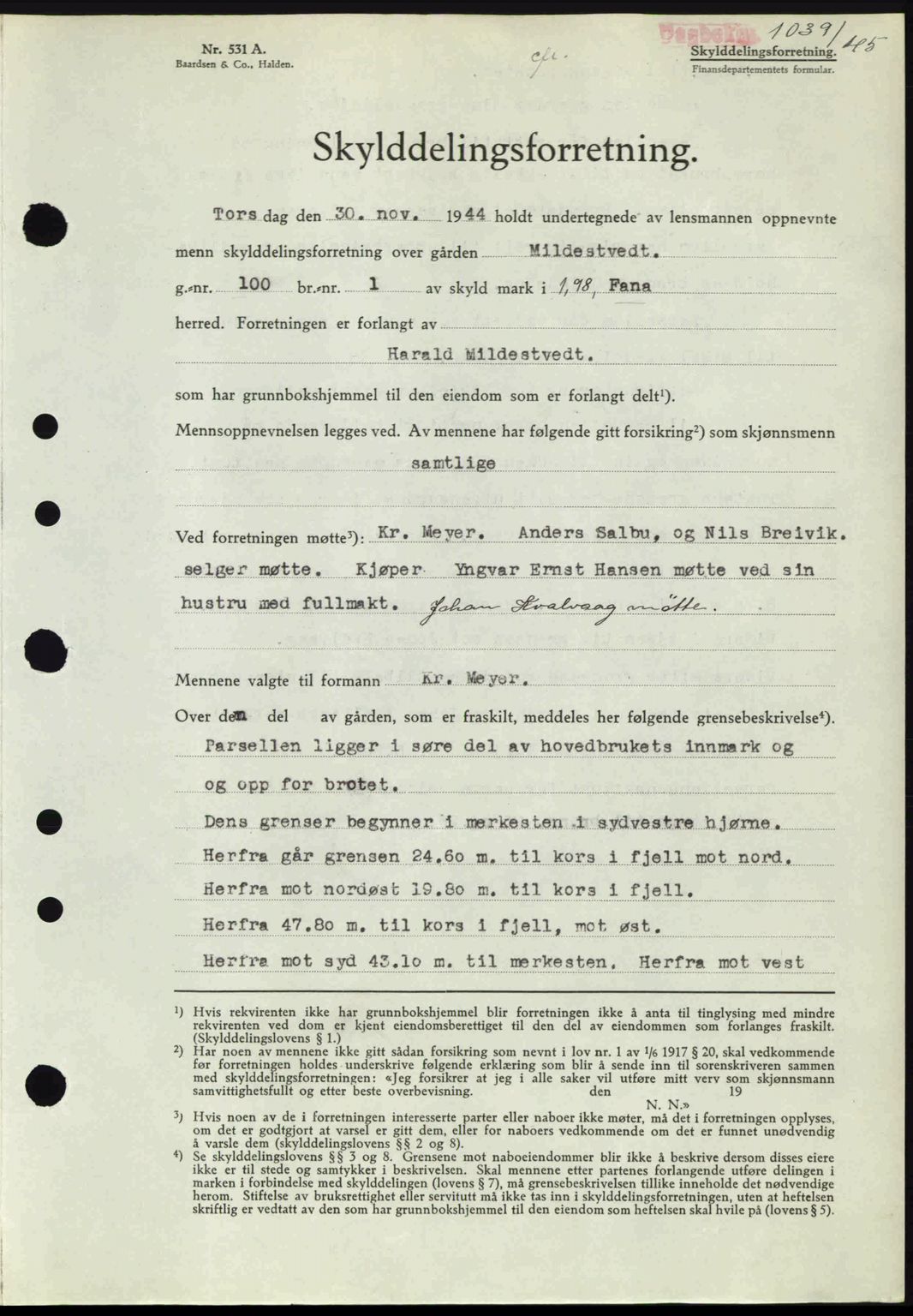 Midhordland sorenskriveri, SAB/A-3001/1/G/Gb/Gbj/L0019: Pantebok nr. A37-38, 1944-1945, Dagboknr: 1039/1945