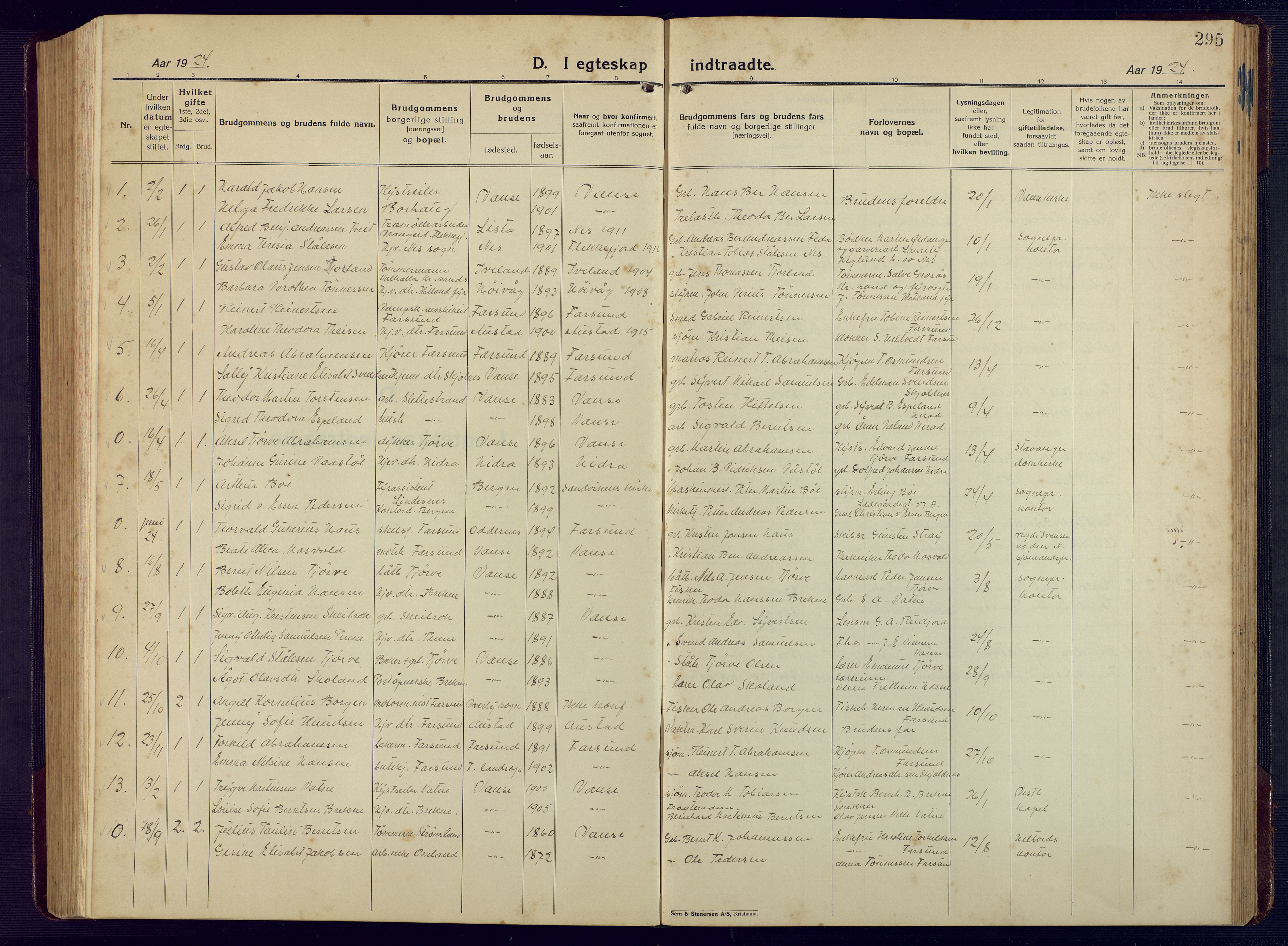 Lista sokneprestkontor, SAK/1111-0027/F/Fb/L0006: Klokkerbok nr. B 6, 1924-1947, s. 295