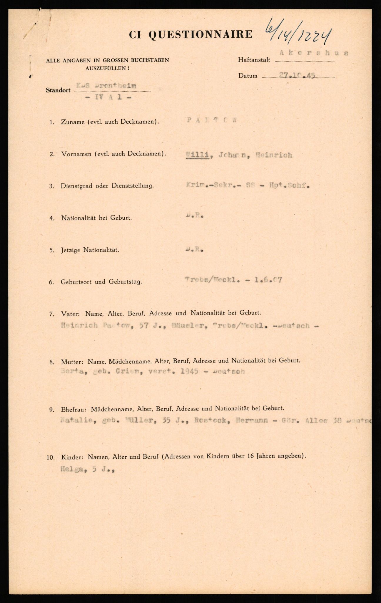 Forsvaret, Forsvarets overkommando II, AV/RA-RAFA-3915/D/Db/L0025: CI Questionaires. Tyske okkupasjonsstyrker i Norge. Tyskere., 1945-1946, s. 309