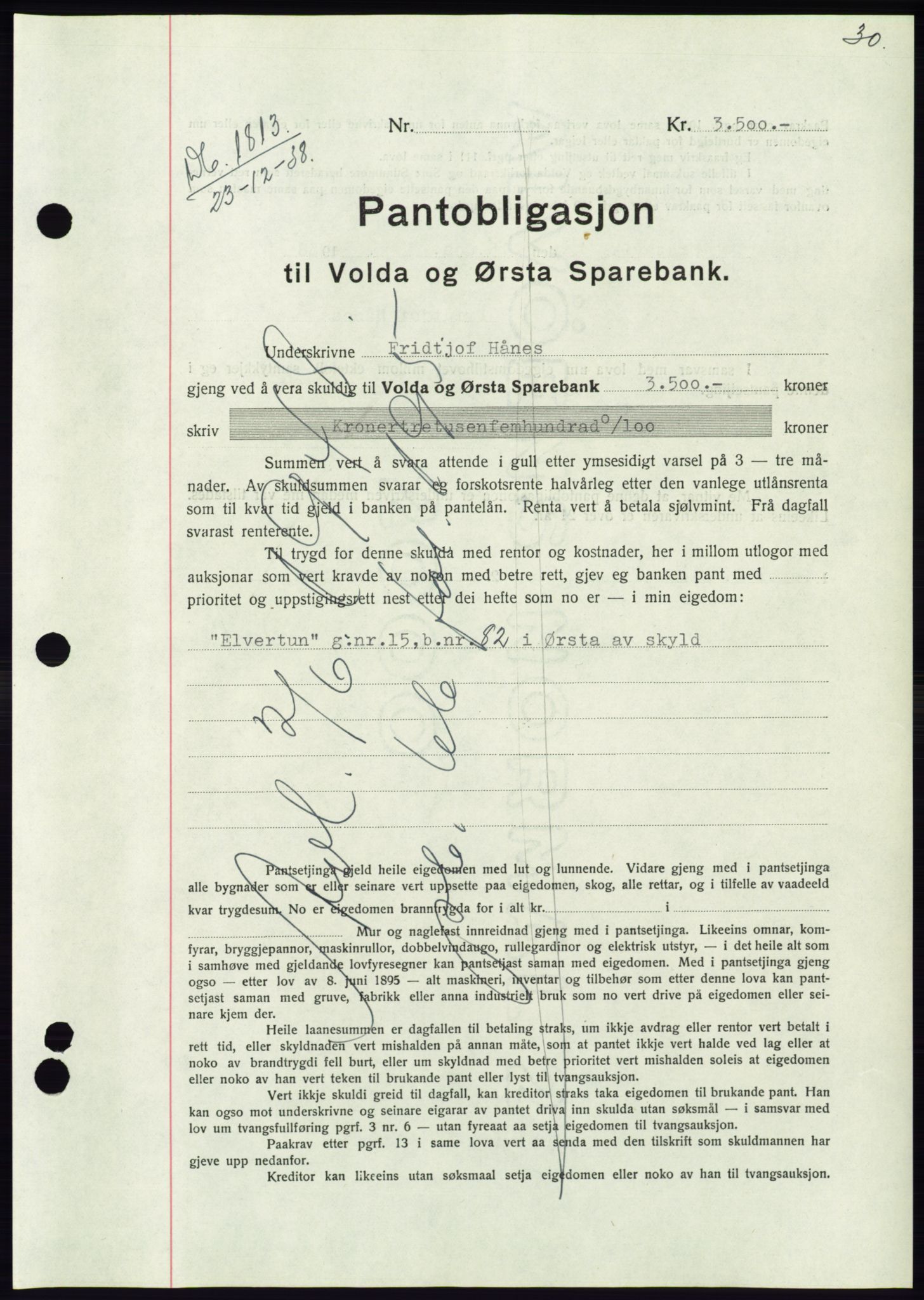 Søre Sunnmøre sorenskriveri, AV/SAT-A-4122/1/2/2C/L0067: Pantebok nr. 61, 1938-1939, Dagboknr: 1813/1938