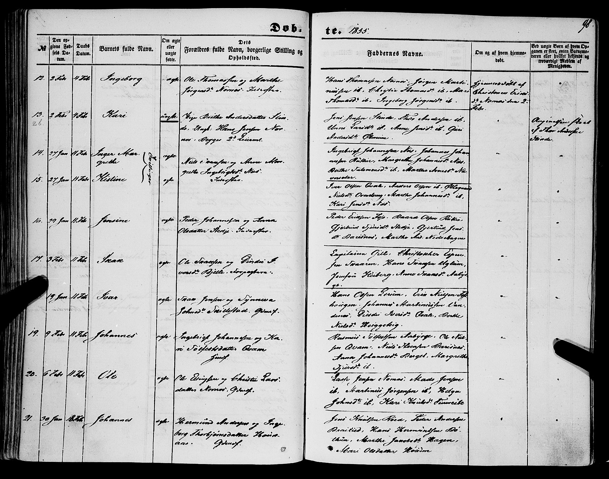 Sogndal sokneprestembete, AV/SAB-A-81301/H/Haa/Haaa/L0012I: Ministerialbok nr. A 12I, 1847-1859, s. 98