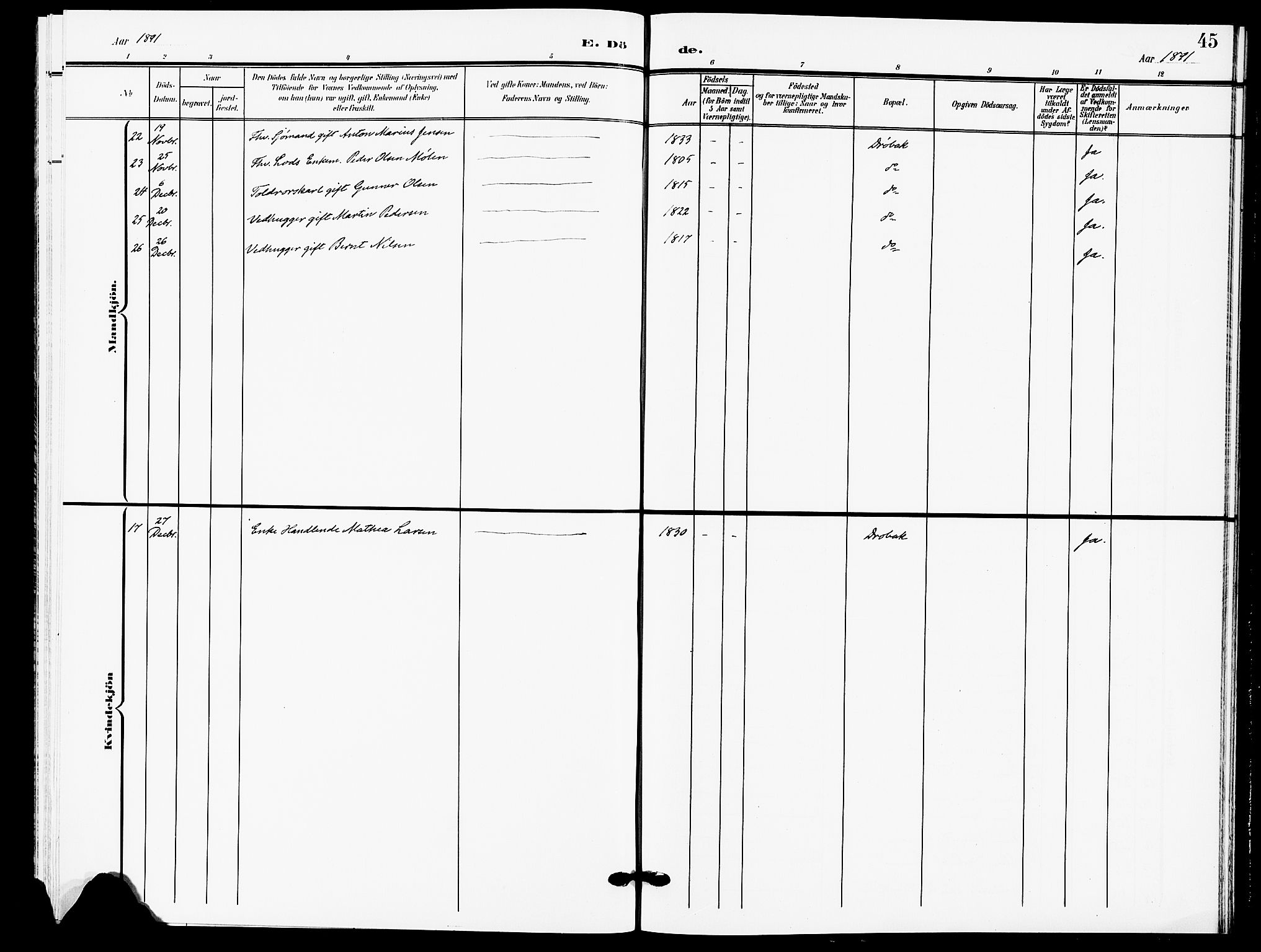 Drøbak prestekontor Kirkebøker, SAO/A-10142a/F/Fb/L0002: Ministerialbok nr. II 2, 1891-1896, s. 45