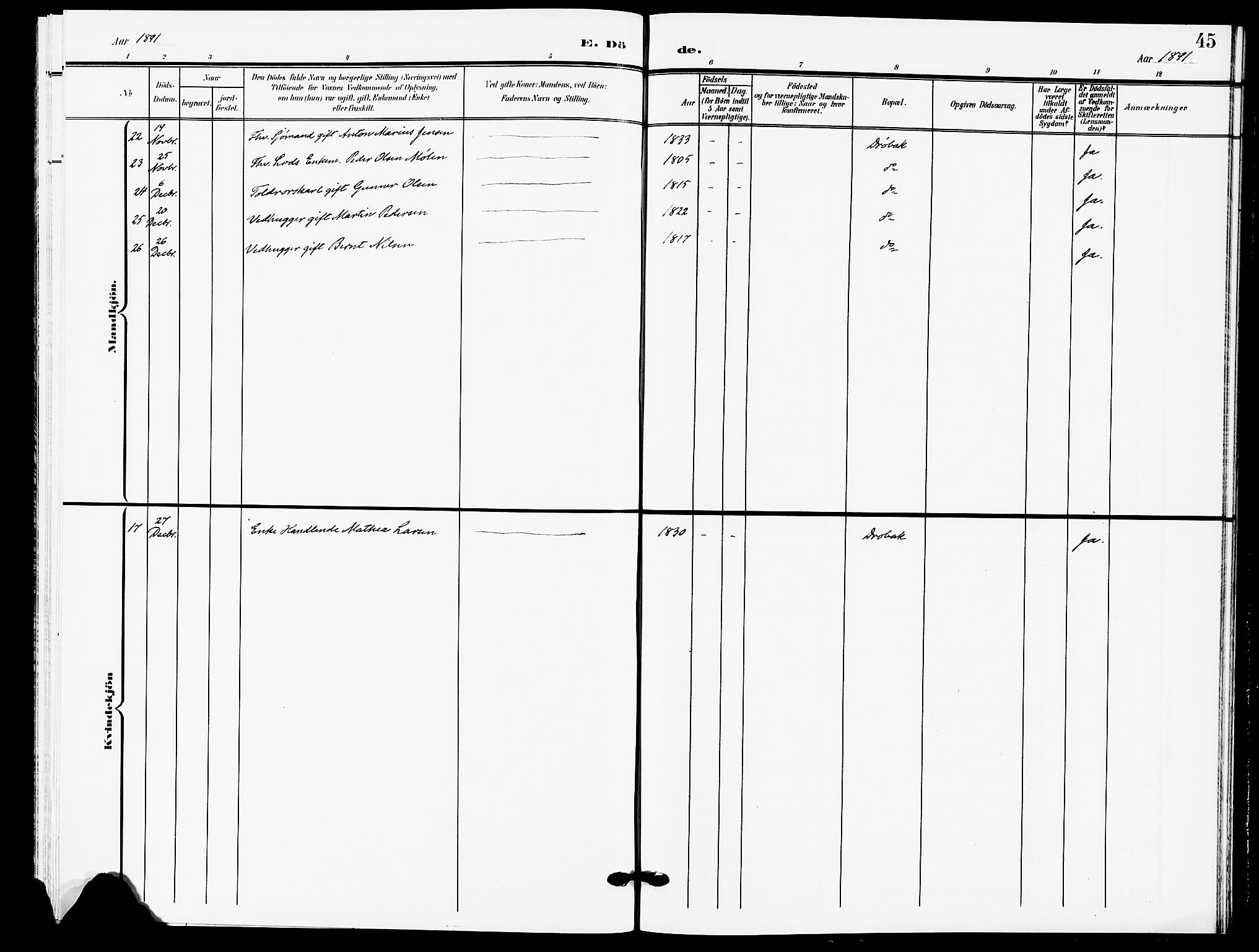 Drøbak prestekontor Kirkebøker, AV/SAO-A-10142a/F/Fb/L0002: Ministerialbok nr. II 2, 1891-1896, s. 45