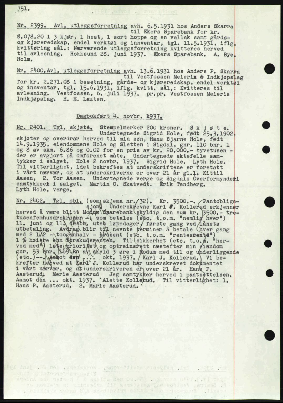 Eiker, Modum og Sigdal sorenskriveri, SAKO/A-123/G/Ga/Gab/L0036: Pantebok nr. A6, 1937-1937, Dagboknr: 2399/1937