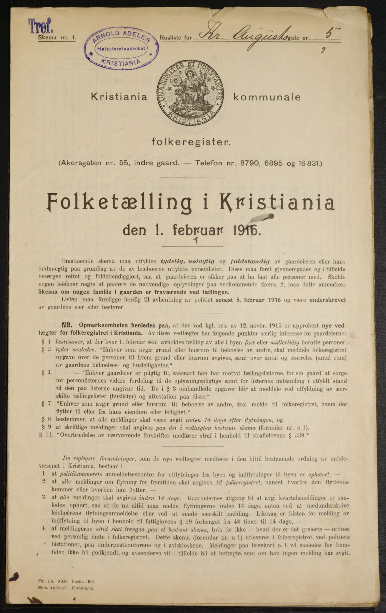 OBA, Kommunal folketelling 1.2.1916 for Kristiania, 1916, s. 55097