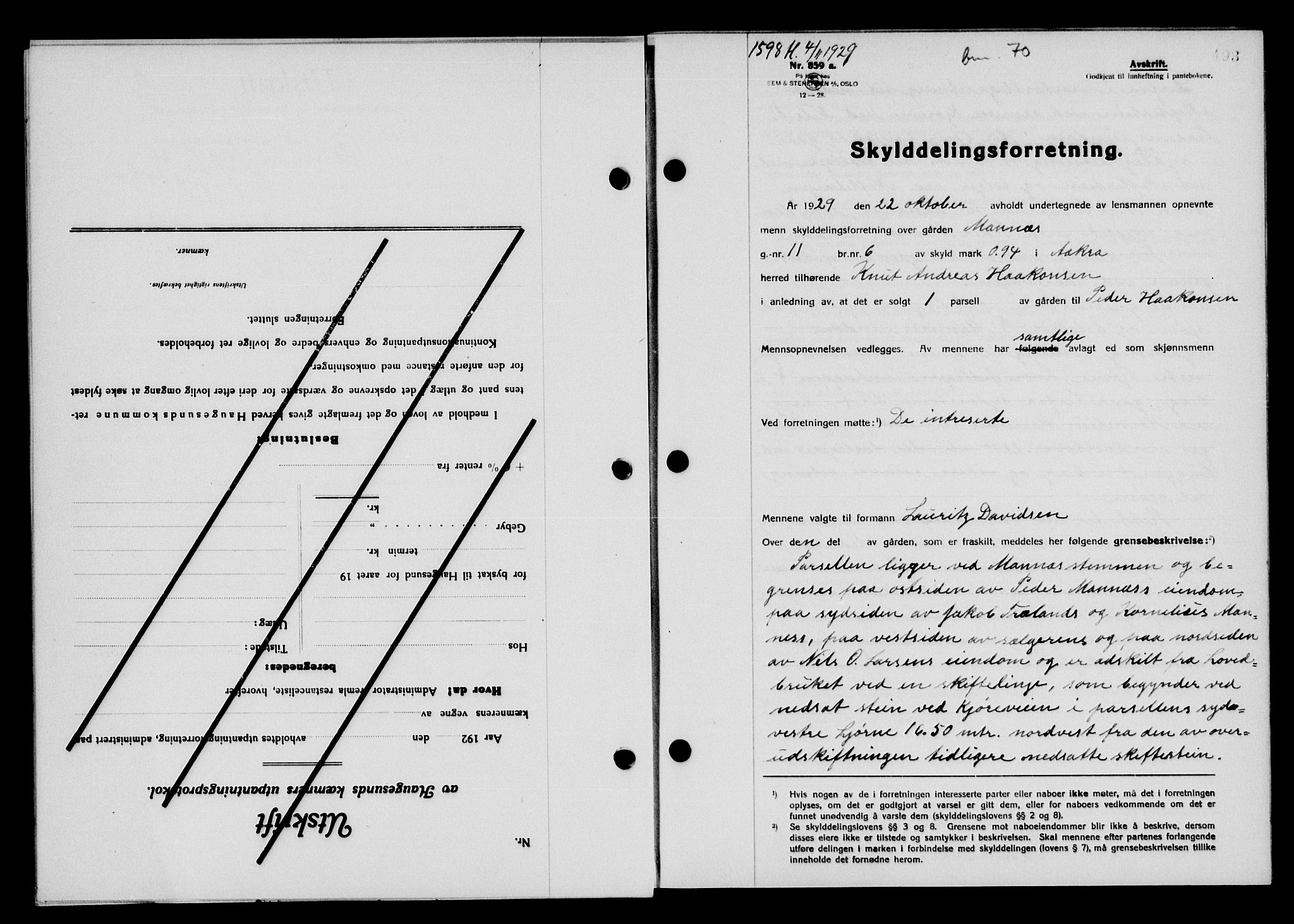 Karmsund sorenskriveri, SAST/A-100311/01/II/IIB/L0055: Pantebok nr. 36, 1929-1929, Tingl.dato: 04.11.1929