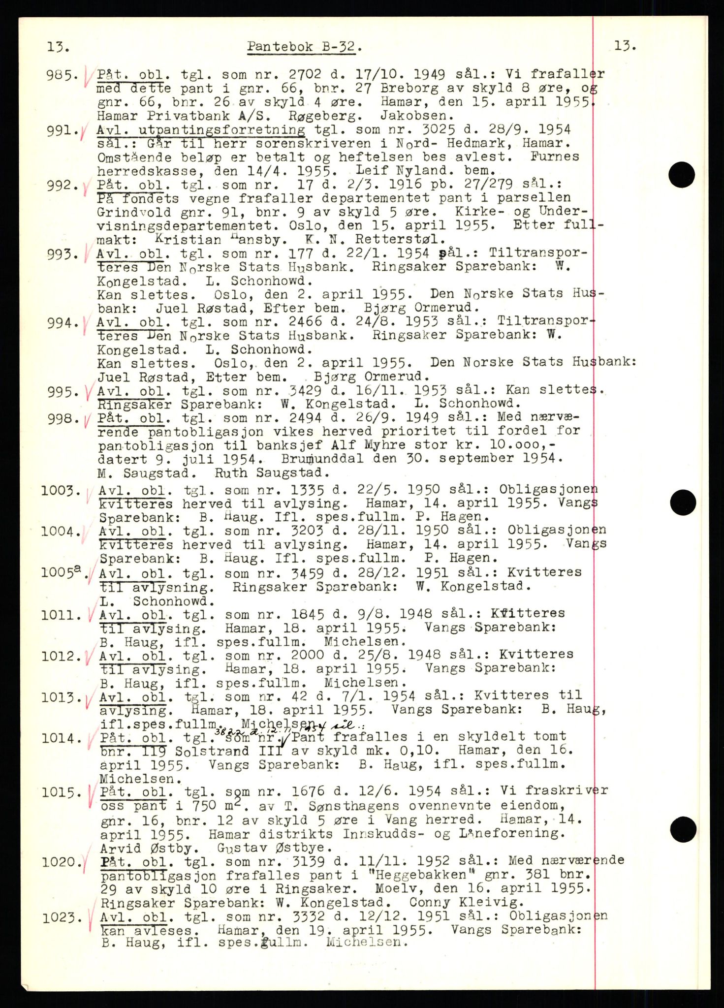 Nord-Hedmark sorenskriveri, SAH/TING-012/H/Hb/Hbf/L0032: Pantebok nr. B32, 1955-1955, Dagboknr: 985/1955