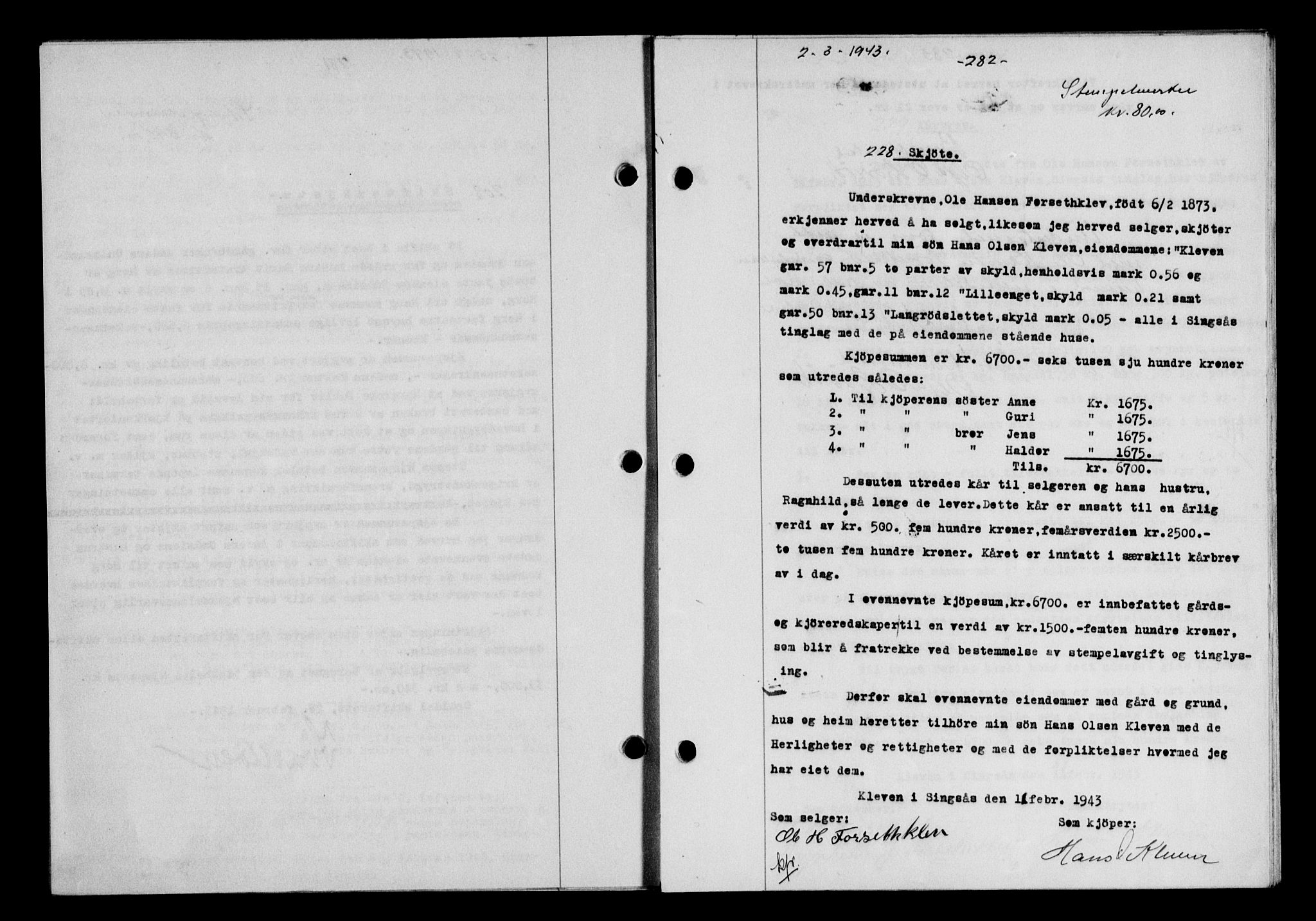 Gauldal sorenskriveri, SAT/A-0014/1/2/2C/L0056: Pantebok nr. 61, 1942-1943, Dagboknr: 228/1943