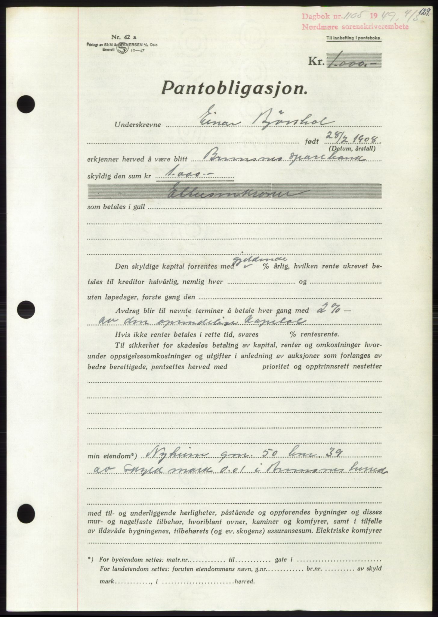 Nordmøre sorenskriveri, AV/SAT-A-4132/1/2/2Ca: Pantebok nr. B101, 1949-1949, Dagboknr: 1105/1949