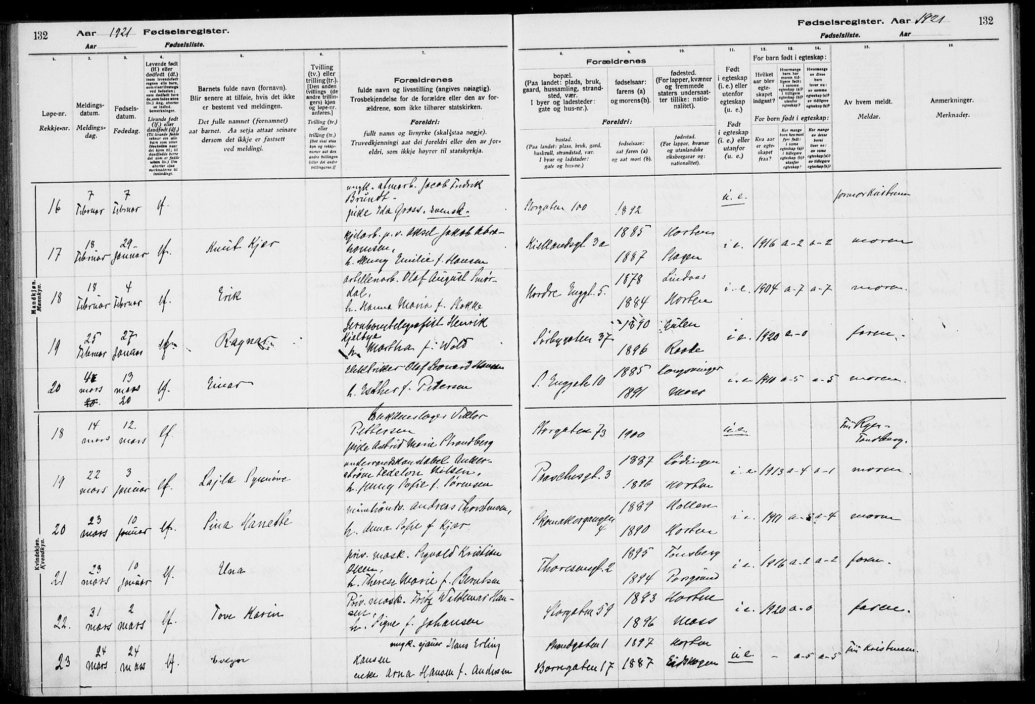 Horten kirkebøker, AV/SAKO-A-348/J/Ja/L0001: Fødselsregister nr. 1, 1916-1923, s. 132